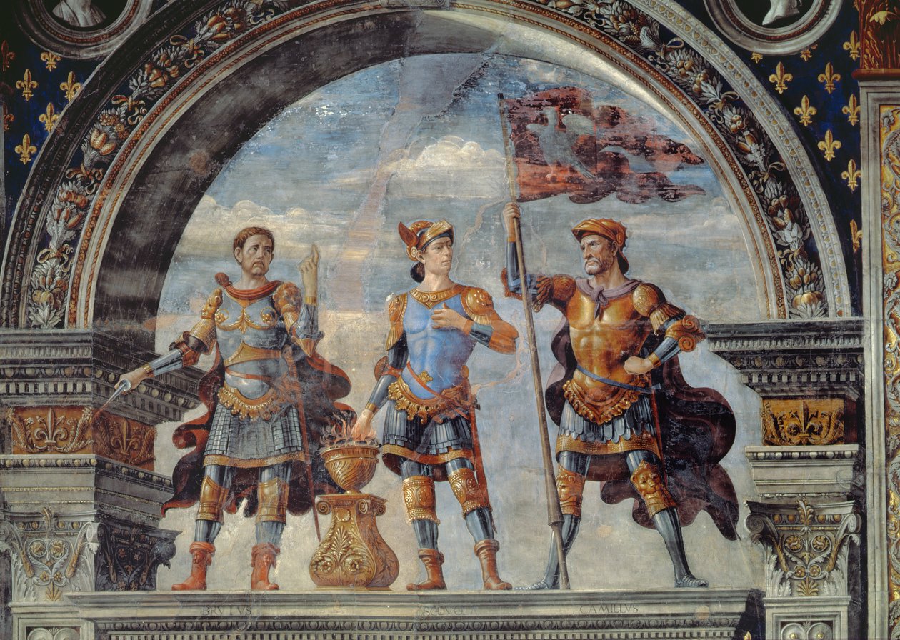 Brutus, Mucius Scaevola és Furio Camillo, részlet a Sala dei Gigli freskójából, 1470 körül. alkotó: Domenico Ghirlandaio