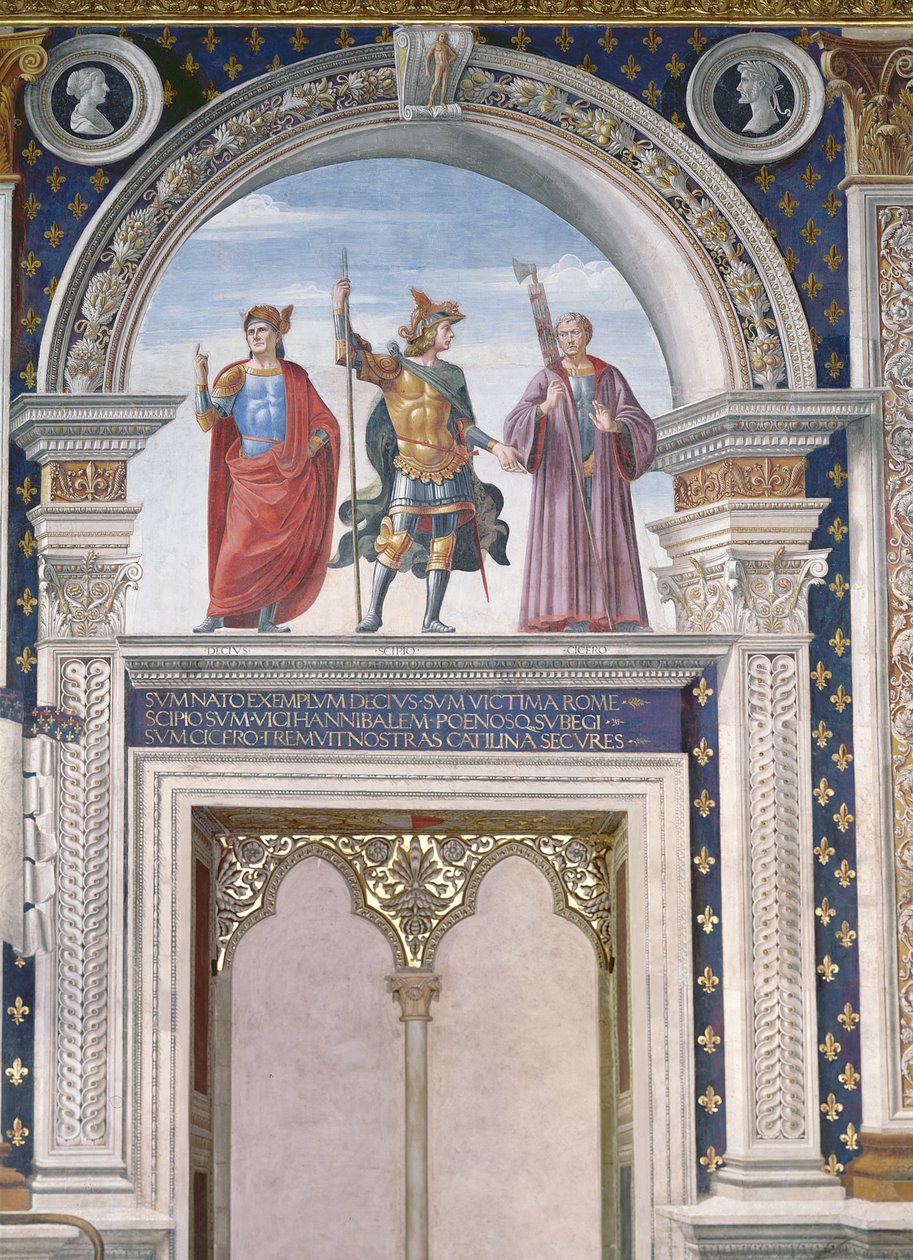 Decio Mure, Scipio (i.e. 235-183 körül) és Cicero (i.e. 106-43) részlet a Sala dei Gigli freskójából, 1470 körül. alkotó: Domenico Ghirlandaio