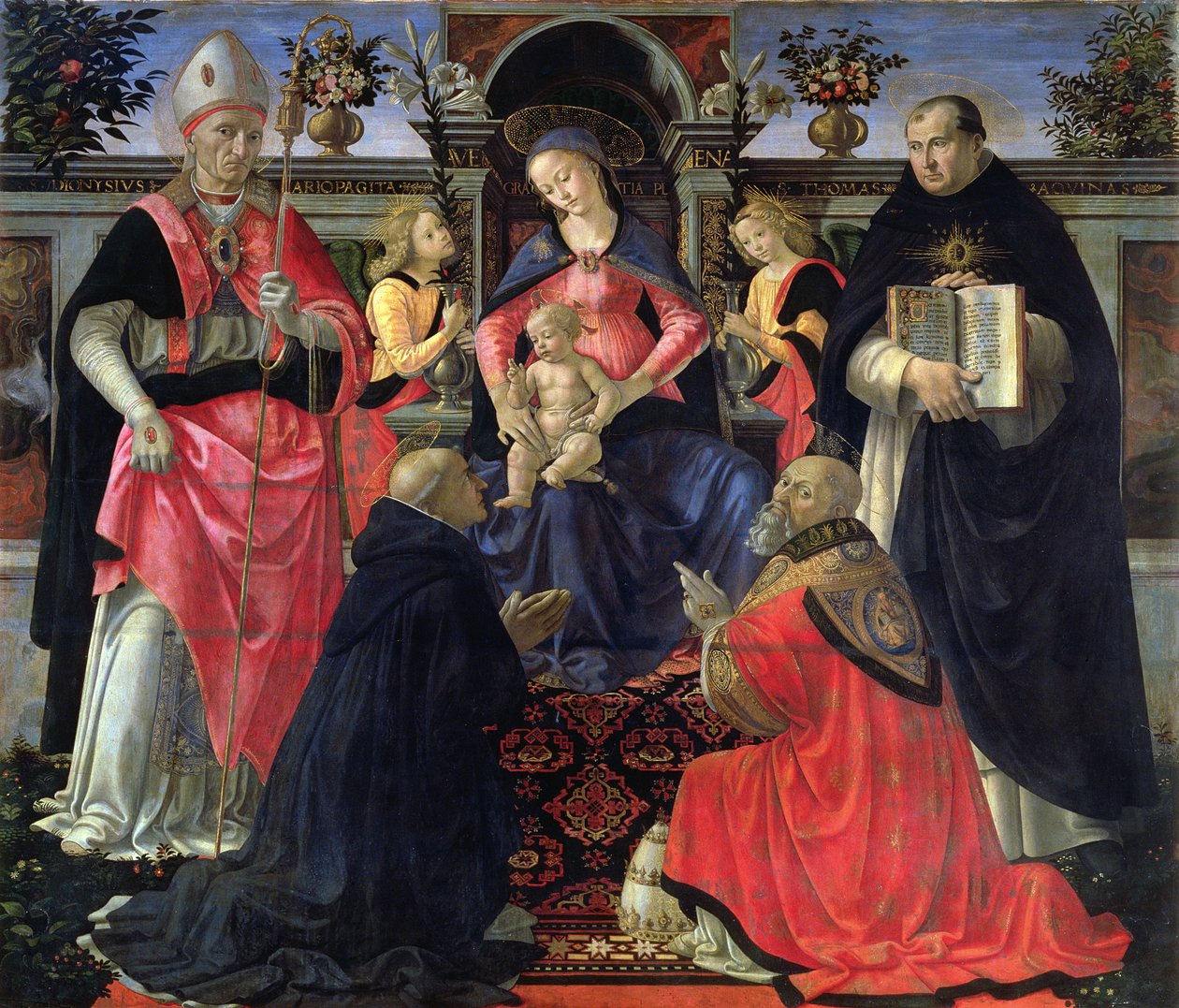 Madonna és gyermeke trónol SS. Dionüsziosz, Aeropagita, Doméniusz, Kelemen és Aquinói Tamás, 1483 alkotó: Domenico Ghirlandaio