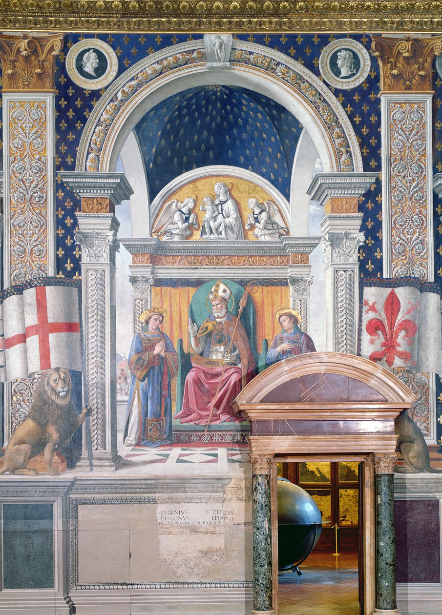 Szent Zenobius, István és Lőrinc, részlet a Sala dei Gigli freskójából, 1470 körül alkotó: Domenico Ghirlandaio