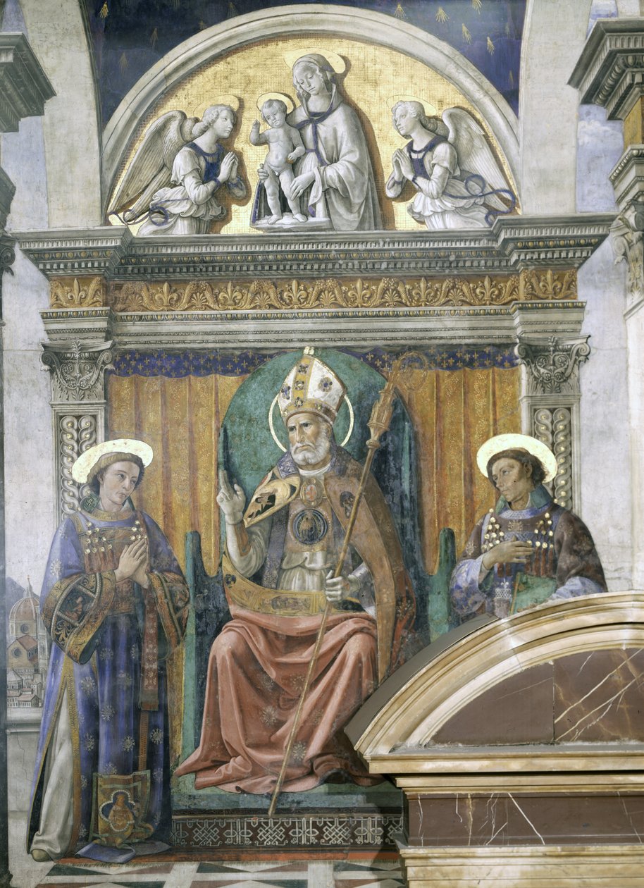 Szent Zenobius, István és Lőrinc, részlet a Sala dei Gigli freskójából, 1470 körül alkotó: Domenico Ghirlandaio