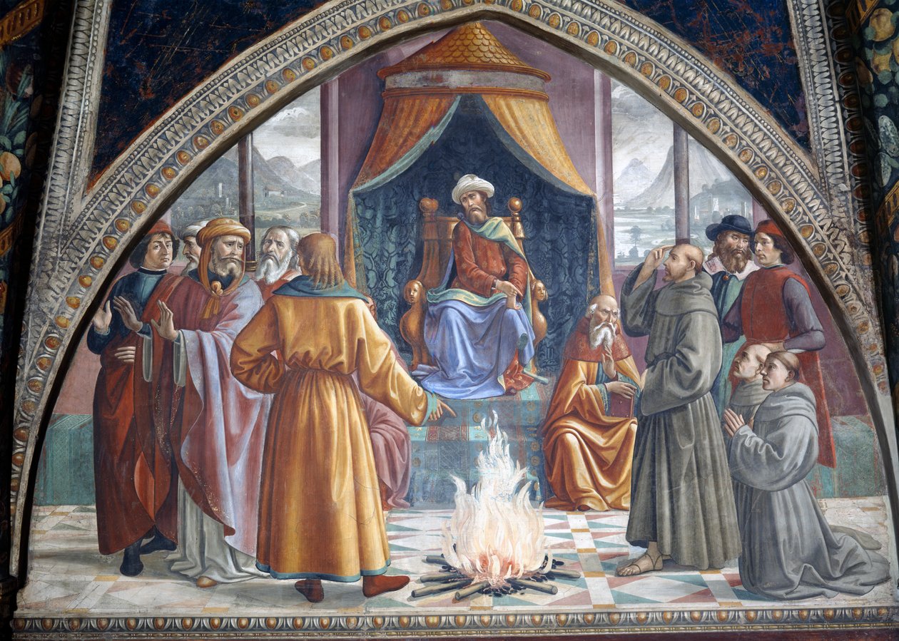 A tűzpróba, Szent Ferenc az egyiptomi szultán előtt, jelenet Assisi Szent Ferenc életének ciklusából, 1486 alkotó: Domenico Ghirlandaio