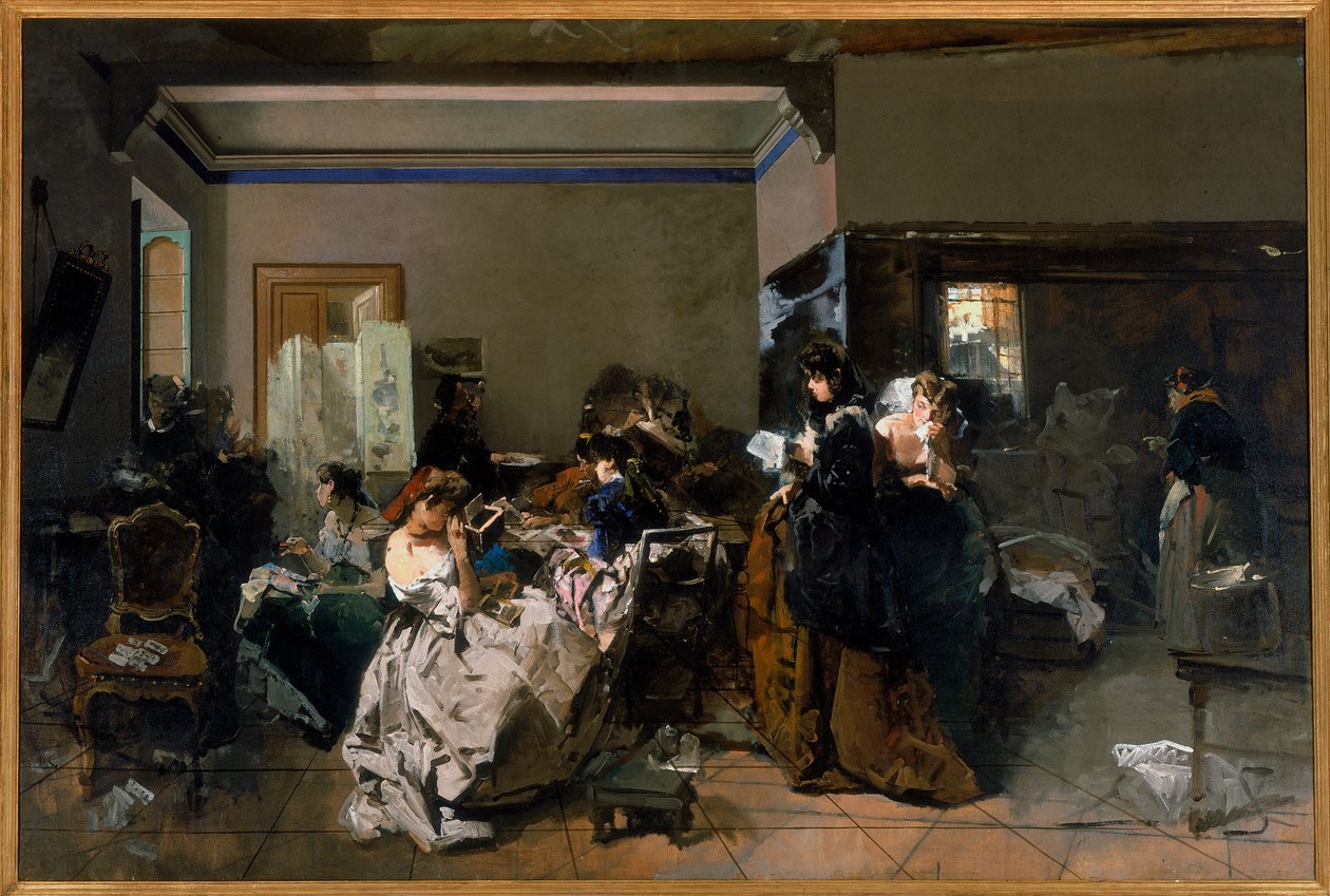 Egy olyan műhely festése, ahol néhány fiatal varrónő dolgozik, 1858-60 alkotó: Domenico Induno