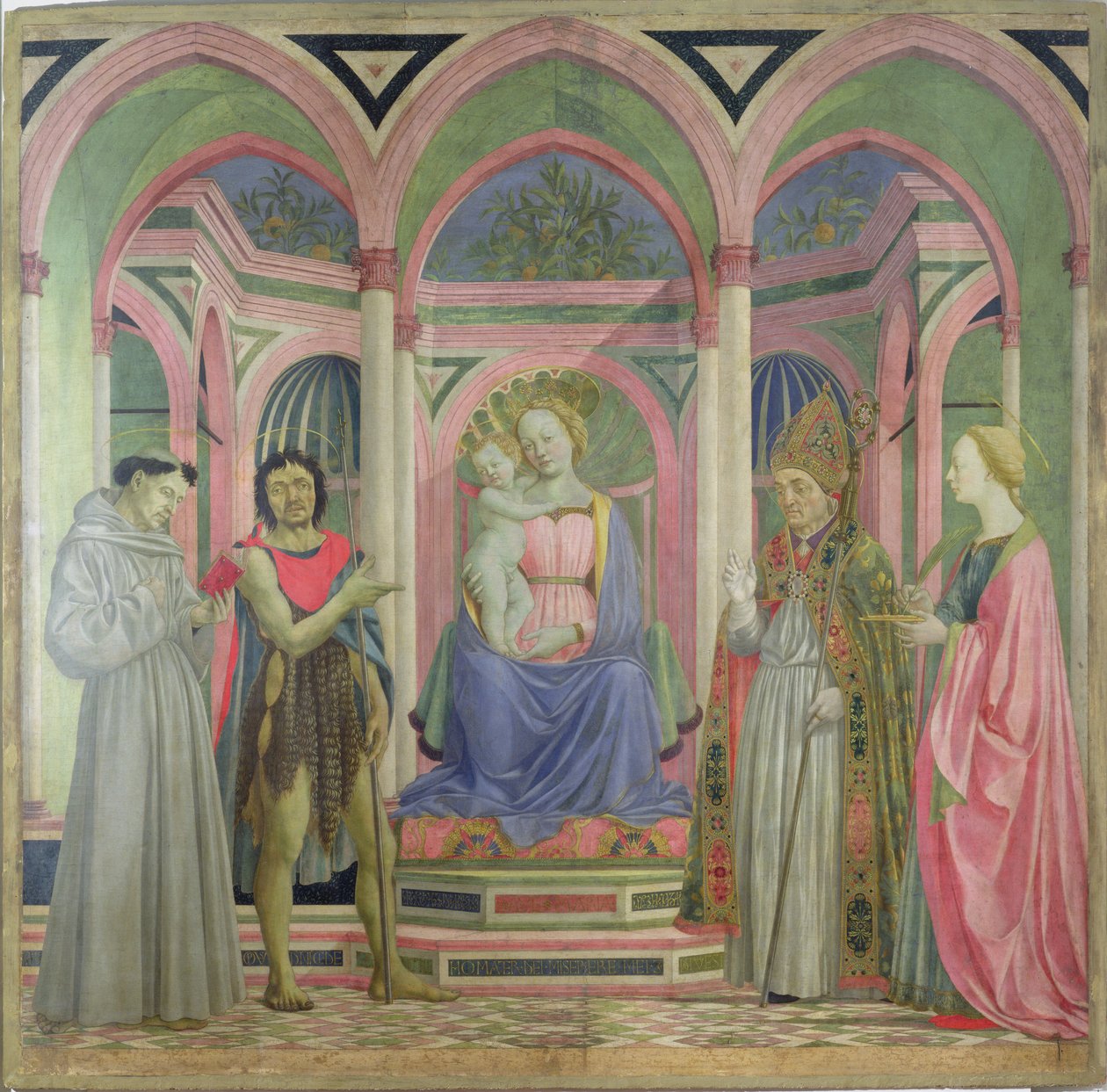 Szűz és gyermek, mellettük Szent Lúcia, Szent Miklós, Keresztelő Szent János és Szent Ferenc, 1445-47 körül (tempera a panelen) alkotó: Domenico Veneziano