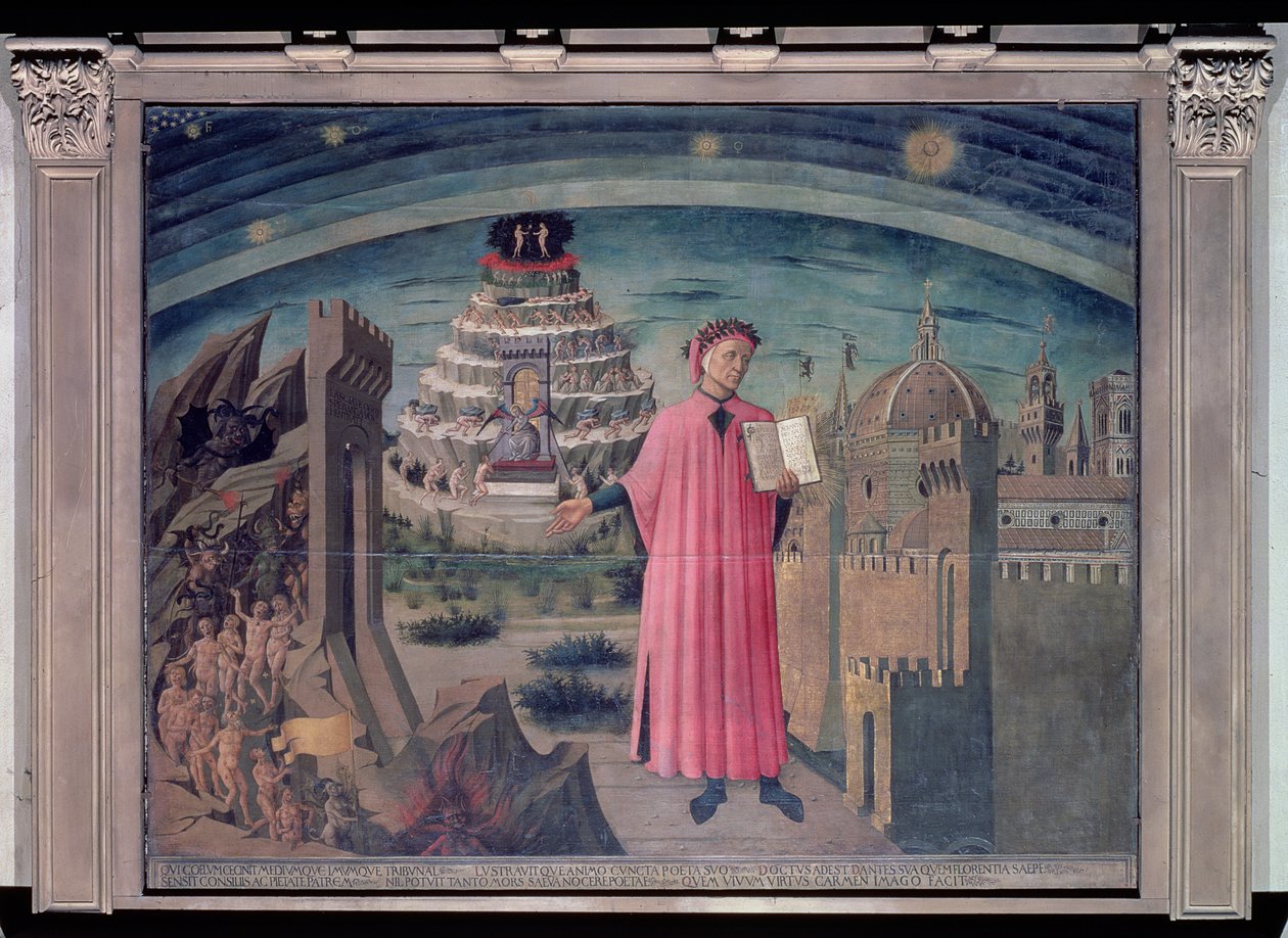 Dante és verse, az „Isteni színjáték”, 1465 (tempera a panelen) alkotó: Domenico di Michelino