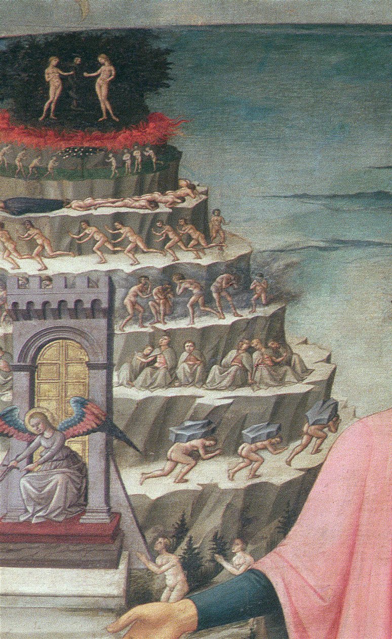 Dante és verse, az Isteni színjáték, 1465-ös tempera a 42355-ös panelrészleten alkotó: Domenico di Michelino