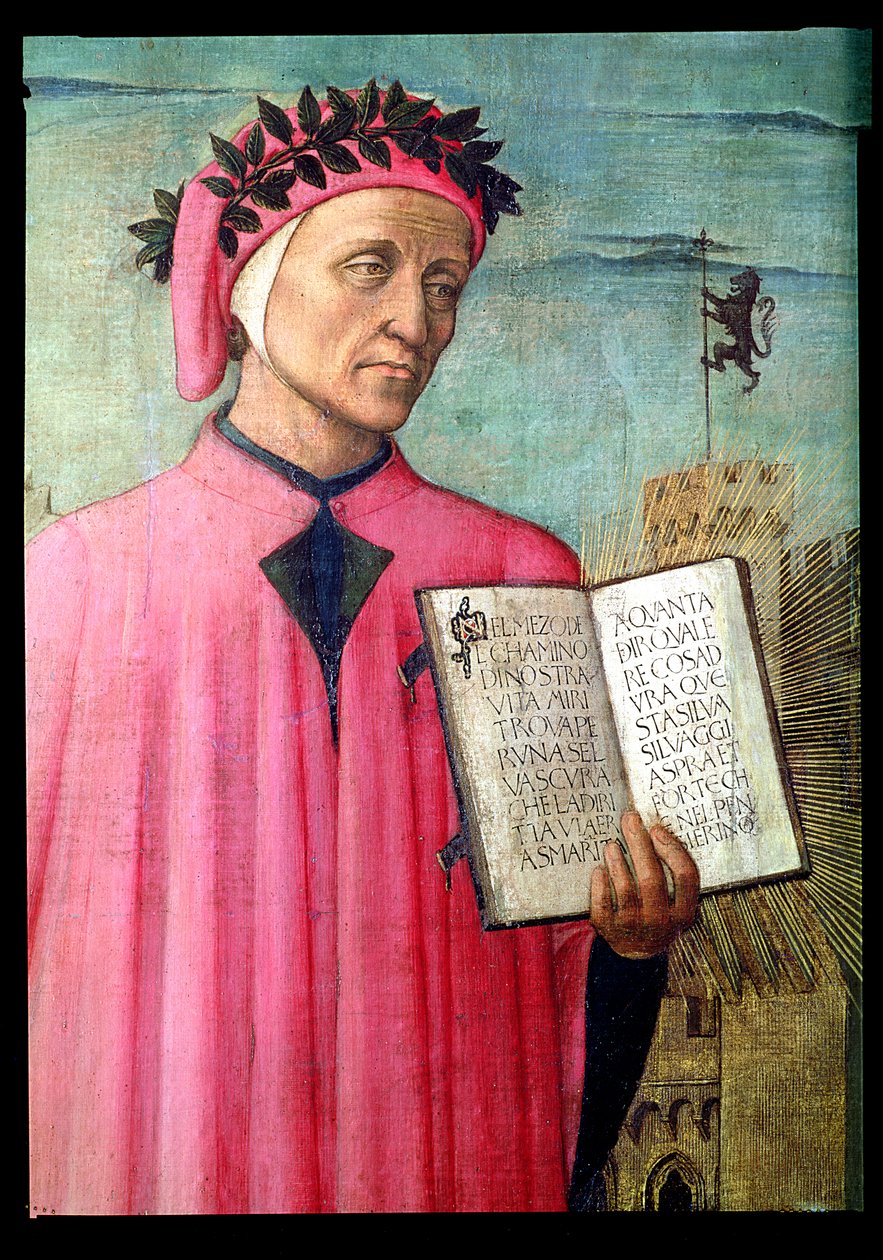 Dante felolvasás az Isteni színjátékból, Dante Alighieri részlete 1265-1321, 1465 panelrészlet a 42355-ből alkotó: Domenico di Michelino