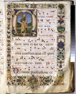 Ms 540 f.3r oldal történeti „M” kezdőbetűvel, amely Szent Andrást ábrázolja, egy San Marco e Cenacoli (vellum) kóruskönyvből alkotó: Domenico Ghirlandaio