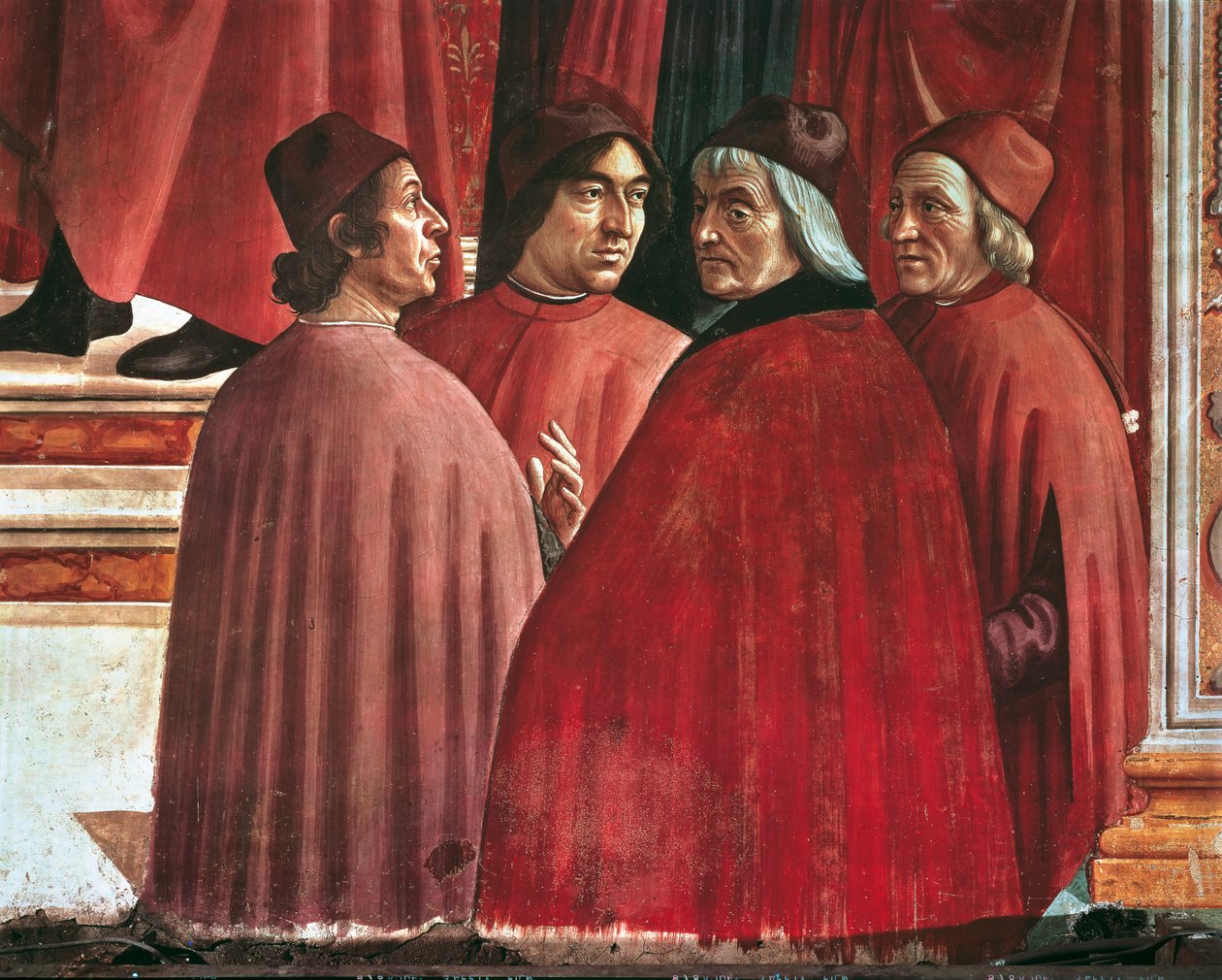 Szűz Mária történetei: Angyali üdvözlet Zakariásnak, Cristoforo Landino, Angelo Poliziano és Marsilio Ficino részlete, 1485-90 körül (friss) alkotó: Domenico Ghirlandaio