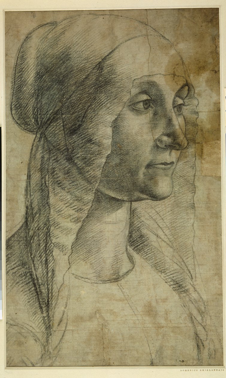 Egy kofát viselő nő feje (fekete kréta fehér papíron_ alkotó: Domenico Ghirlandaio