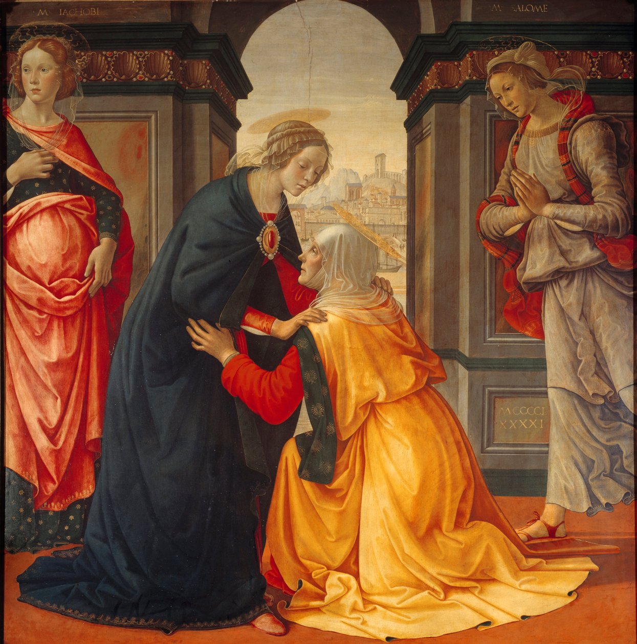 Látogatás: Szűz Mária meglátogatja Erzsébetet, Marie Jacobie és Marie Salome között, akik a keresztre feszítés és a feltámadás tanúi, Domenico Ghirlandaio (1449-1494) festménye 1491 alkotó: Domenico Ghirlandaio