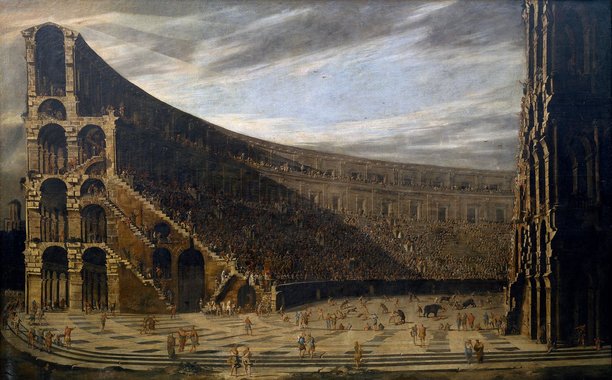 ""Római amfiteátrum perspektívája" (Római amfiteátrum perspektívája) Harcok az arénában Domenico Gargiulo (1609-1675) festménye 1638 körül. Mérete 220,5x353 cm Museo del Prado, Madrid alkotó: Domenico Gargiulo