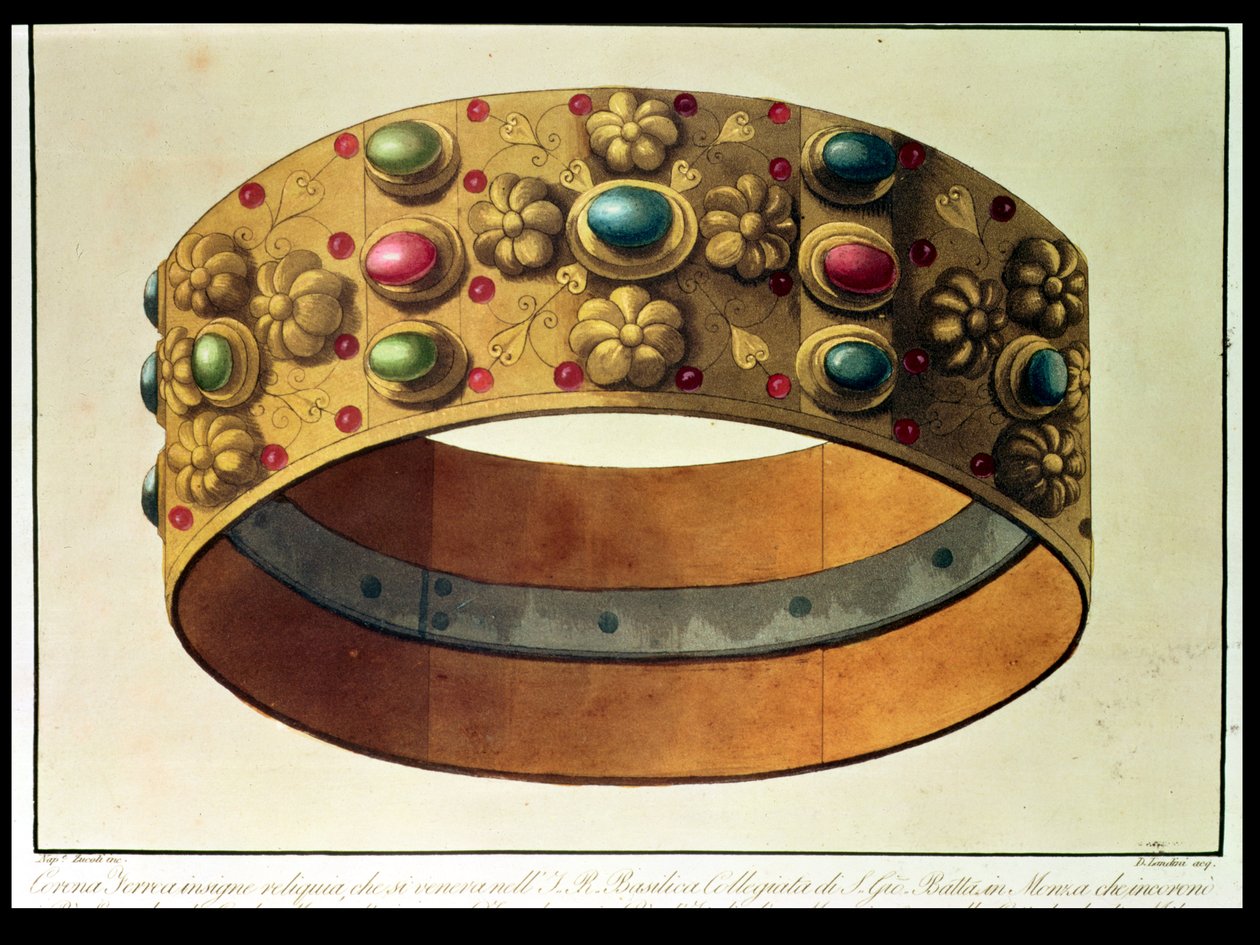 A lombardiai vaskorona, amellyel Nagy Károlyt 777-ben és Napóleont 1805-ben megkoronázták a milánói dómban, D. Landini metszete (aquatinta). alkotó: Domenico (after) Landini