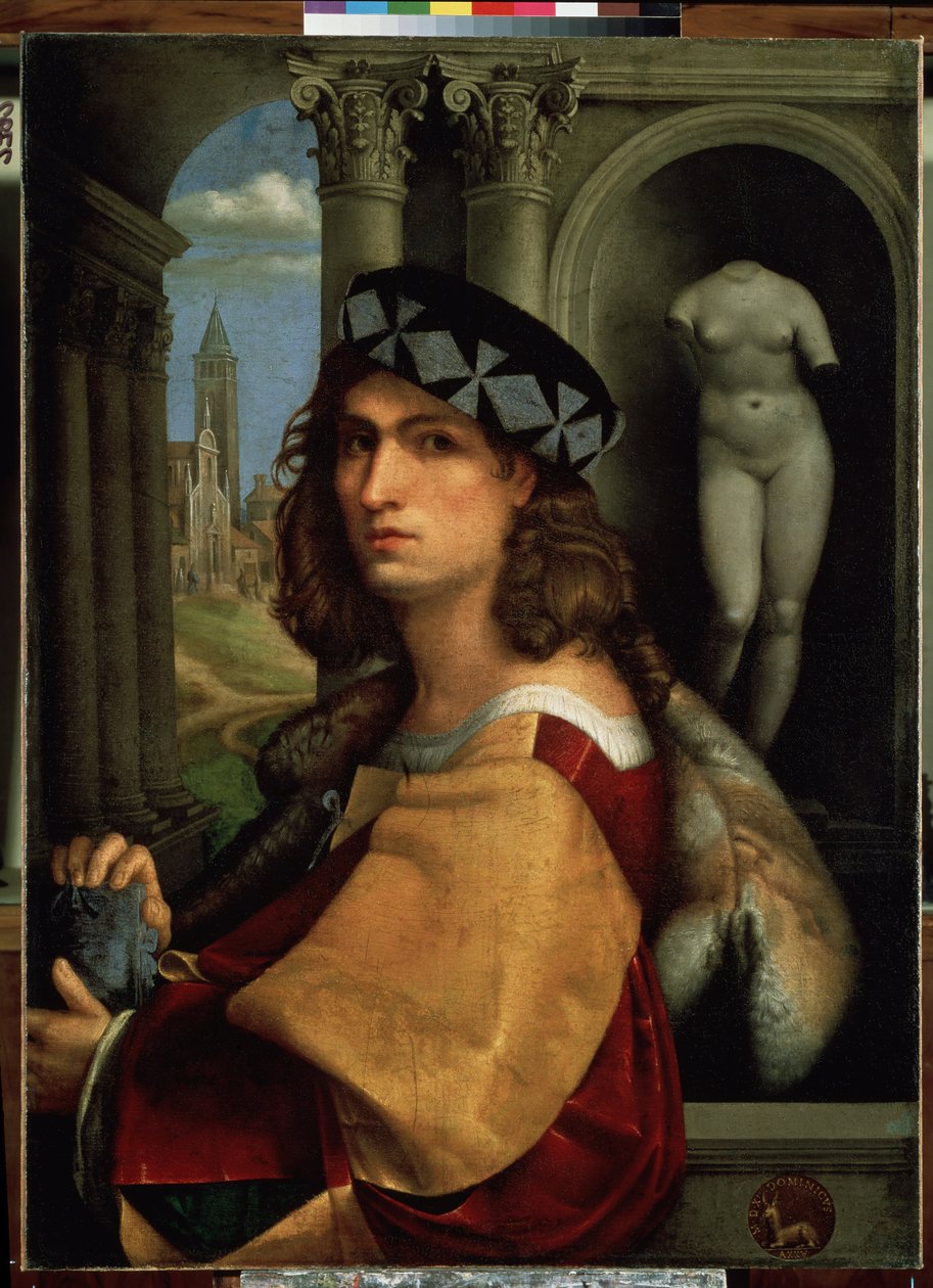 ""Fiatal férfi portréja vagy önarckép"" (Férfi portré vagy önarckép) Domenico di Bernardo Capriolo (Caprioli) festménye (1494-1528) 1512 Méret: 117x85 cm Ermitázs Múzeum, Szentpétervár (Szent- Petersburg) Petersburg) alkotó: Domenico (attr.to) Capriolo