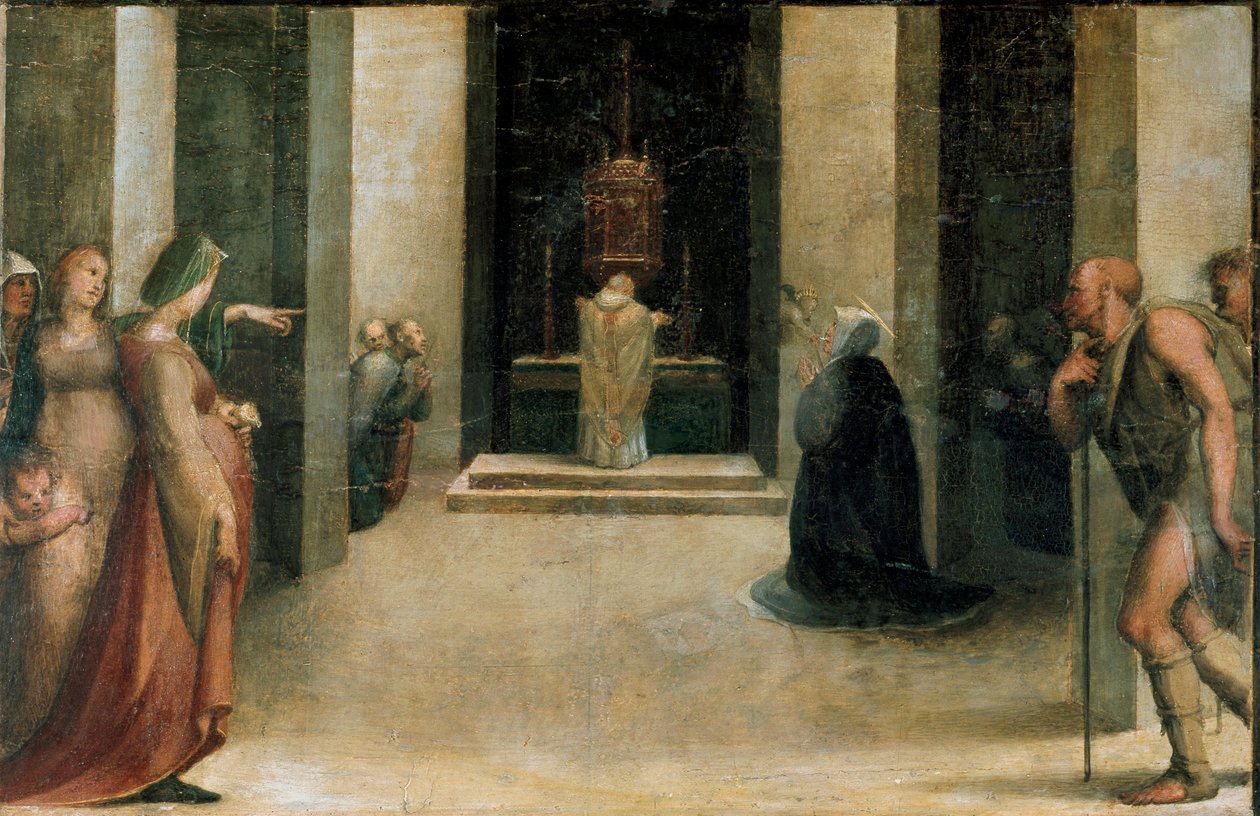 Szent Katalin stigmáinak oltárképe. A Predelle részlete: Sienai Szent Katalin angyali Eucharisztiát vesz. Domenico Beccafumi (1486-1551) festménye alkotó: Domenico Beccafumi