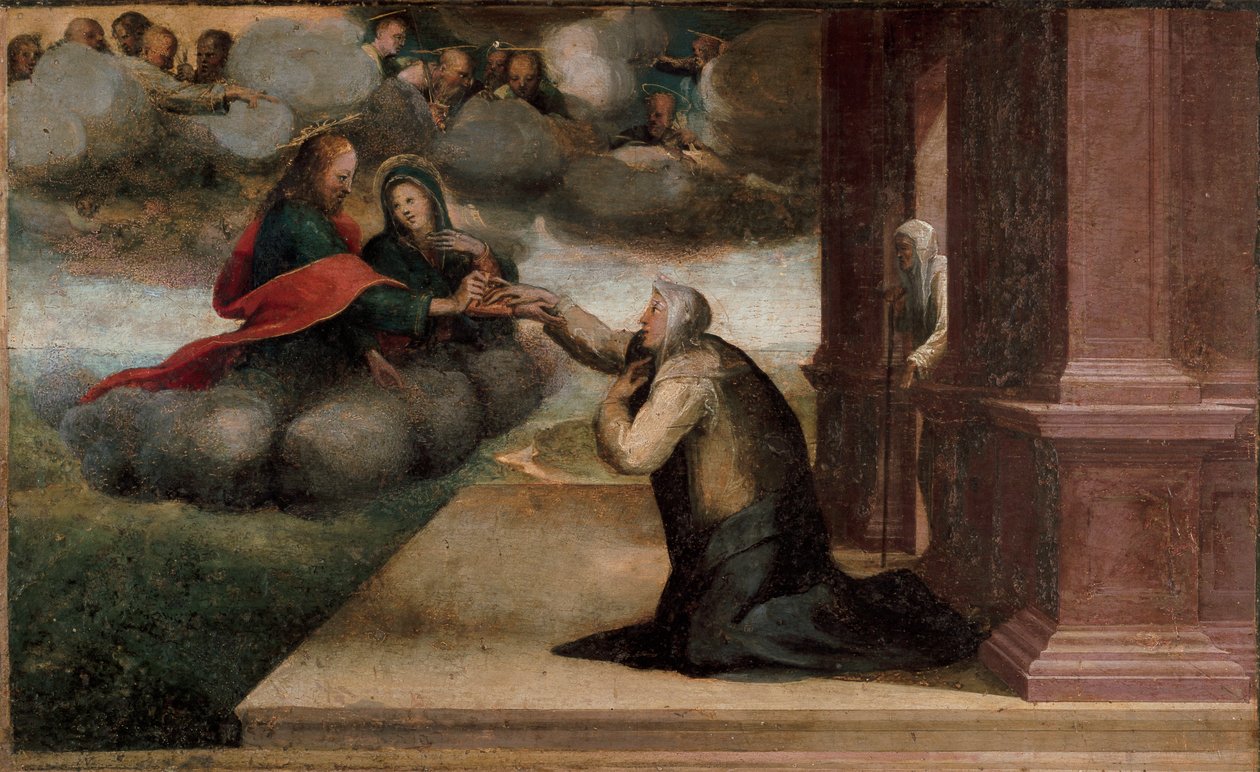 Szent Katalin stigmáinak oltárképe. A Predelle részlete: Sienai Szent Katalin misztikus esküvője. Domenico Beccafumi (1486-1551) festménye alkotó: Domenico Beccafumi