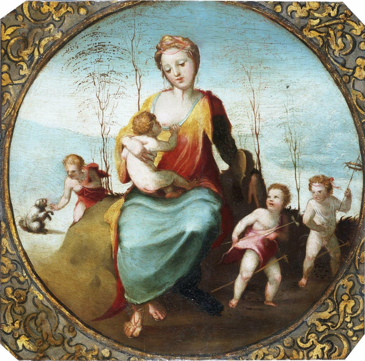 Beccafumi - Gyermeket szoptató jótékonykodás, körülötte három gyermek, akik kutyával és hobbilovakkal játszanak, 1525 körül (kivágva) alkotó: Domenico Beccafumi