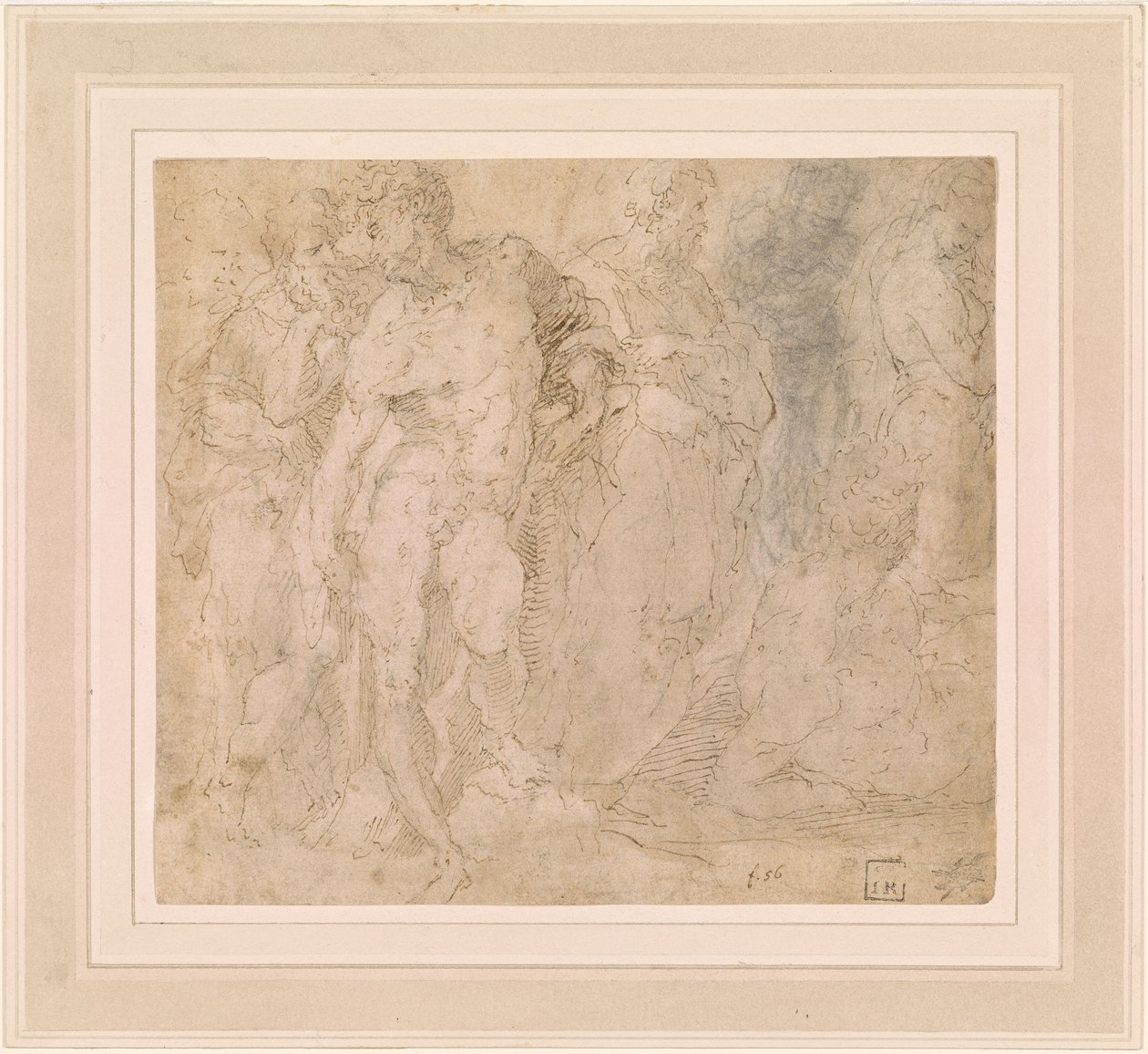 Beccafumi - Álló férfiakt alakok között, egyikük fekvő helyzetben, 1530-1540 körül. alkotó: Domenico Beccafumi
