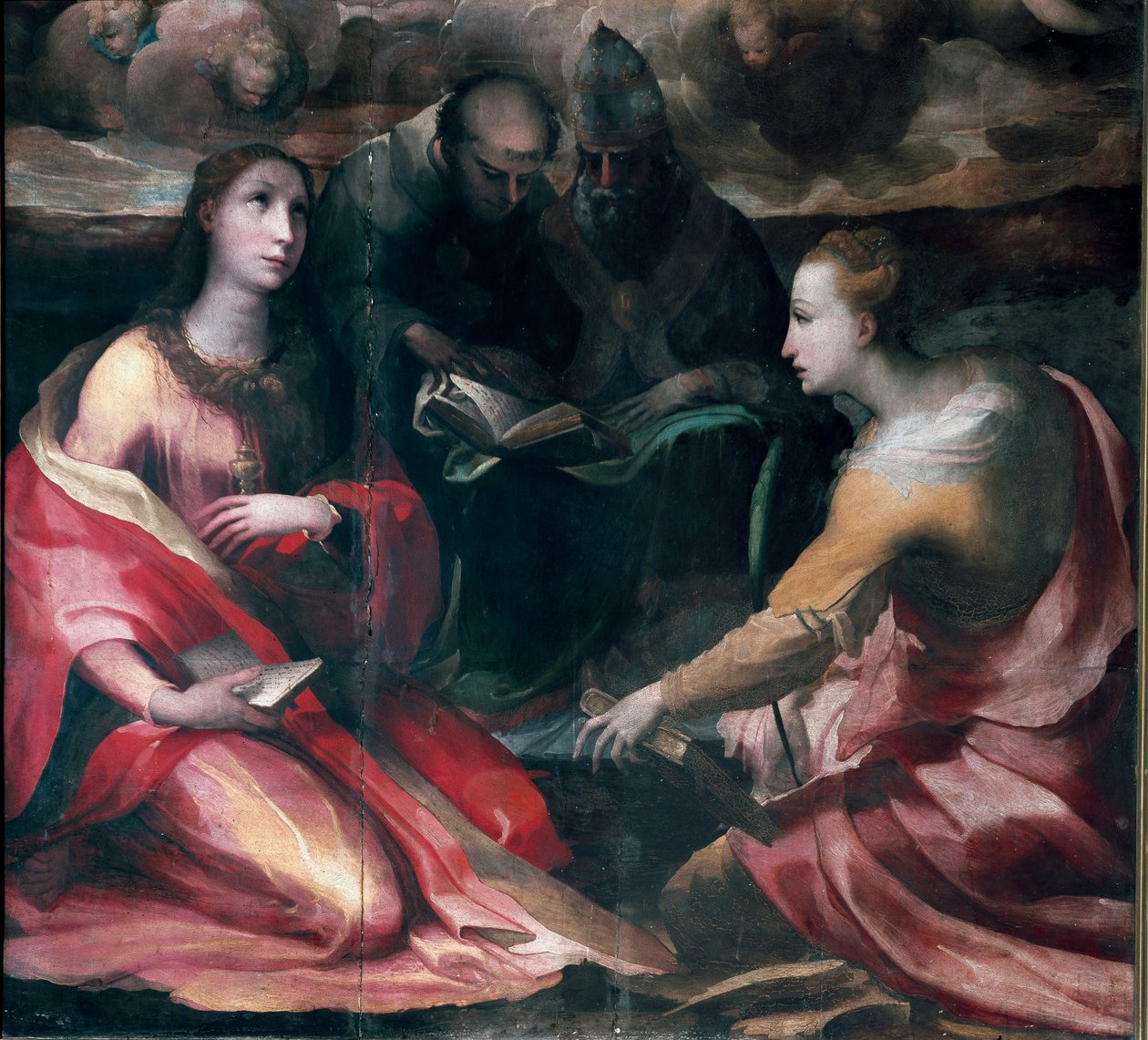 Krisztus megkoronázza Szűz Máriát és Négy Szentet, részlet: Szent Mária Magdolna, Páduai Szent Antal (san antonio di padova), I. Szent Gergely pápa avagy Nagy és Alexandriai Szent Katalin. Domenico Beccafumi (1486-1551) festménye alkotó: Domenico Beccafumi