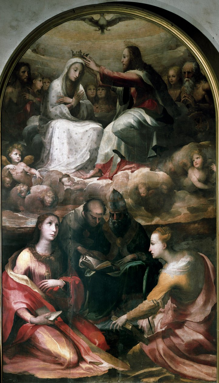 Szűz Máriát és négy szentet megkoronázó Krisztus (Szent Mária Magdolna, Páduai Szent Antal (San antonio di padova), I. Szent Gergely pápa avagy Nagy és Alexandriai Szent Katalin). Domenico Beccafumi (1486-1551) festménye alkotó: Domenico Beccafumi