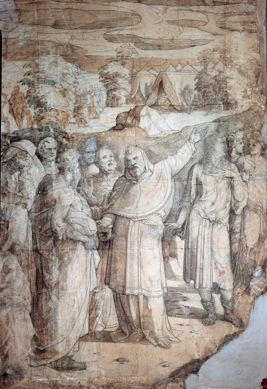Mózes története a Sínai-hegyen: A héberek Mózes visszatérésére várnak. A sienai katedrális burkolatának előkészítő rajza. Domenico Beccafumi (1486-1551) festménye. Olaszország, Siena, Nemzeti Pinacotheque. (Siena, Pinacoteca Nazionale) alkotó: Domenico Beccafumi
