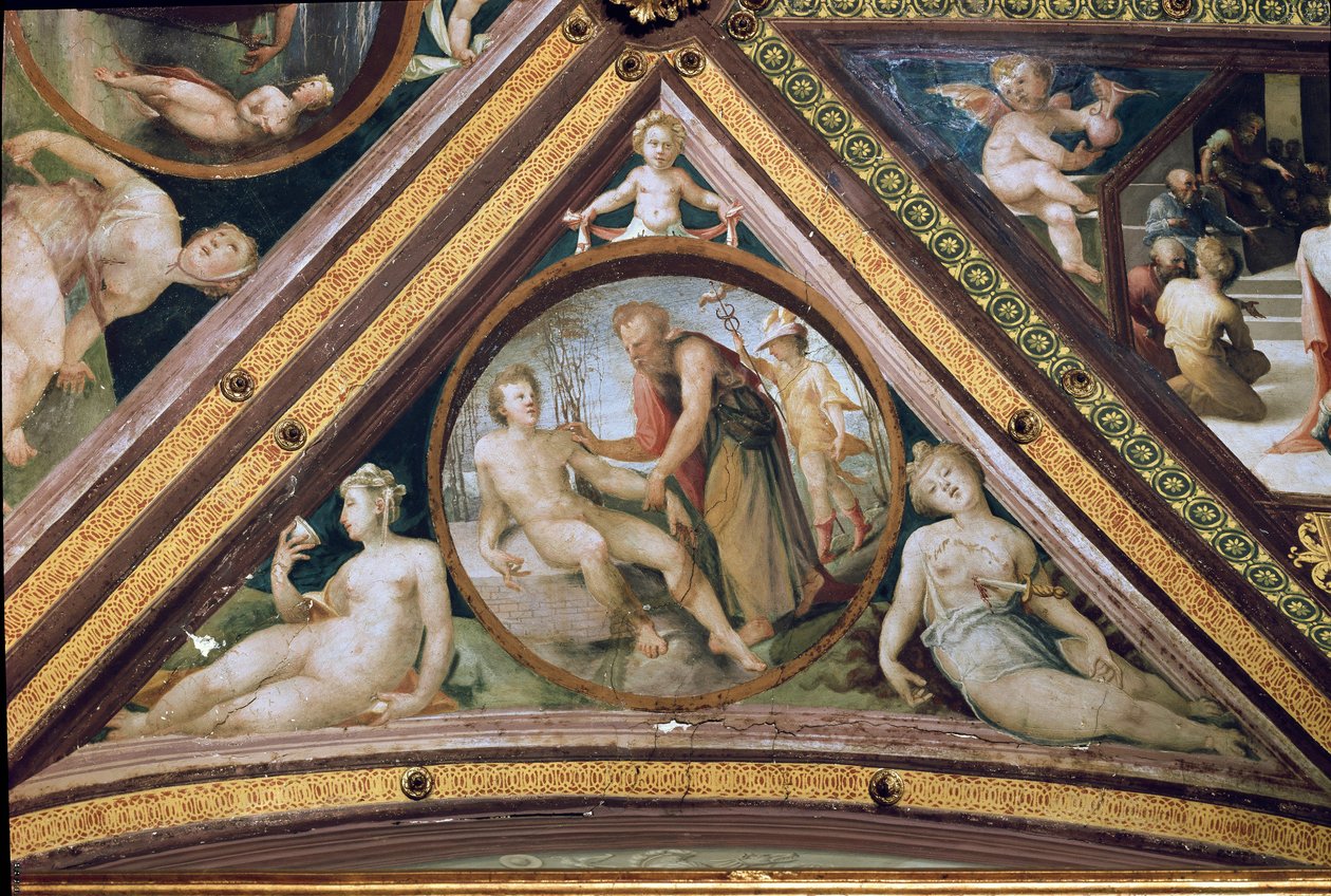 Promethee embert teremt a Merkúr tekintete alatt, aki lombhullatót tart, sisakot és szandált szárnyat visel Domenico Beccafumi freskója (1486-1551) alkotó: Domenico Beccafumi