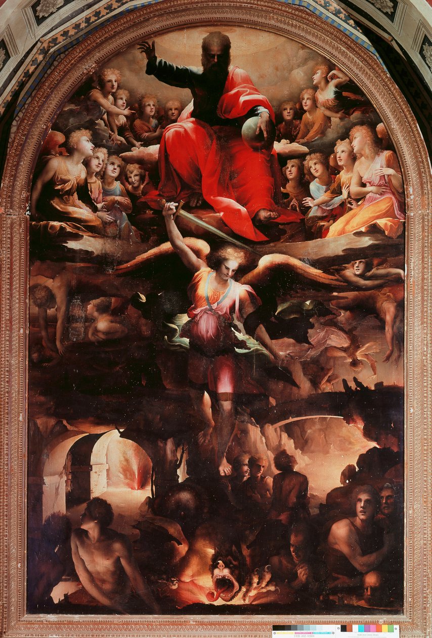 Szent Mihály lázadó angyalokat kergető Domenico Beccafumi festménye (1486-1551) 1526-1530 kb. Nap. 348x225 cm. Siena, Chiesa di San Niccolo al Carmine alkotó: Domenico Beccafumi