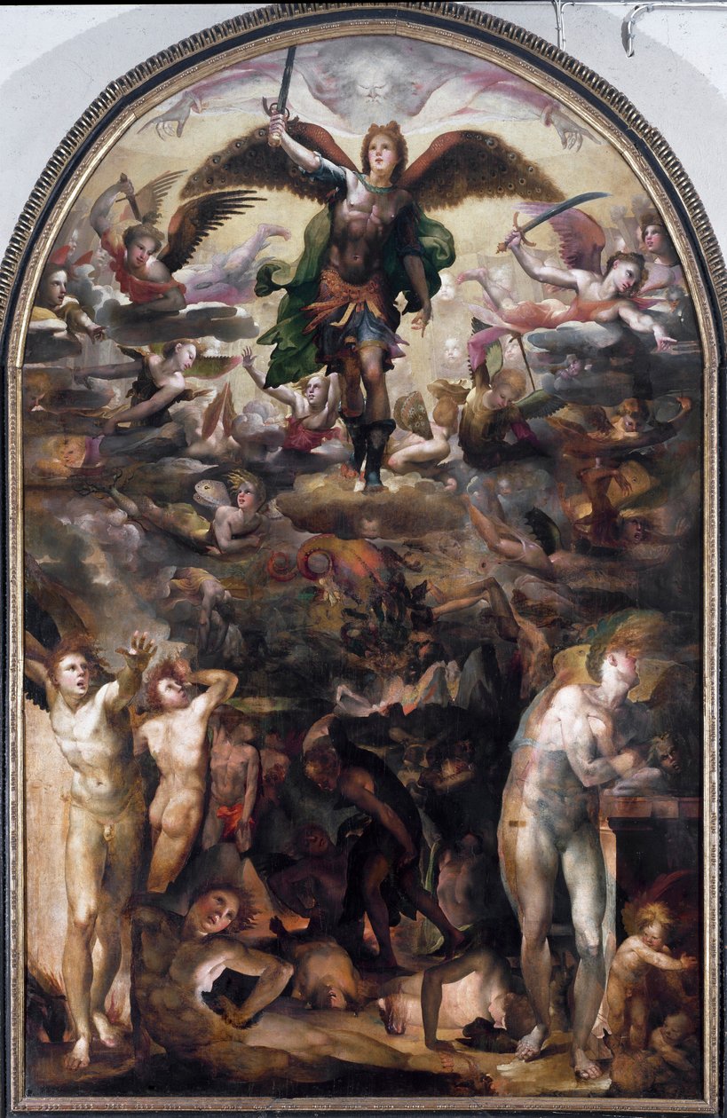 Szent Mihály üldözi a lázadó angyalokat (A lázadó angyalok bukása). Domenico Beccafumi (1486-1551) festménye alkotó: Domenico Beccafumi