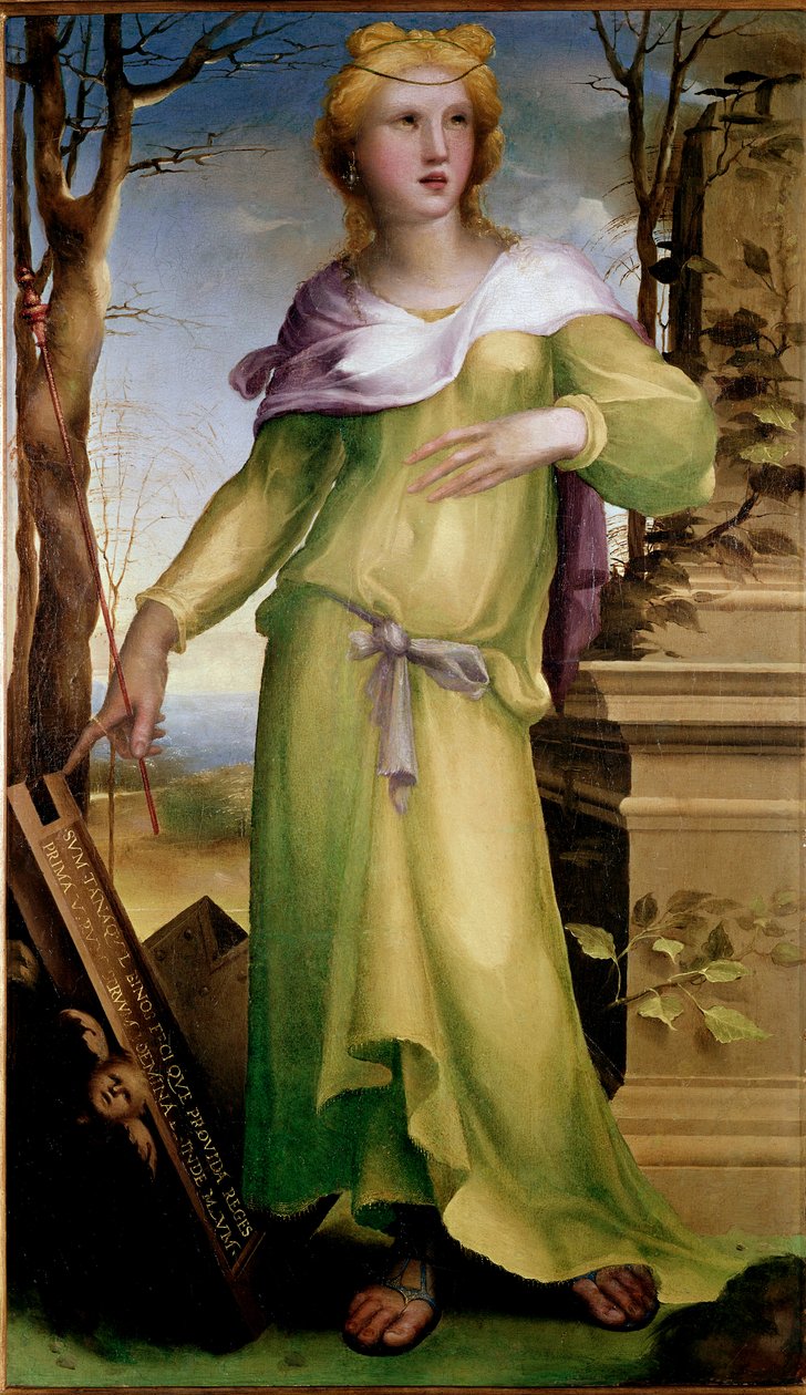 Tanaquil, az idősebb Tarquin, Róma királyának felesége. Férje halála után biztosította veje, Servius Tullius örökösödését. Domenico Beccafumi (1486-1551) festménye, 1519 körül. Ital. Mérete: 92x53 cm. London, Nemzeti Galéria - Tanaqui alkotó: Domenico Beccafumi