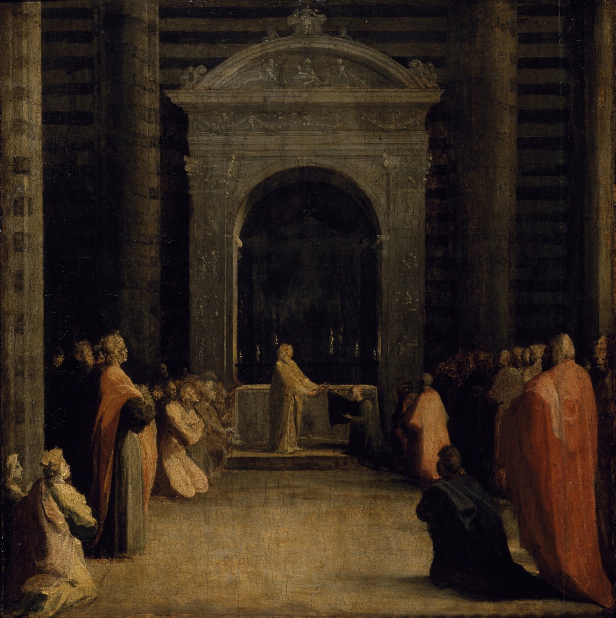 Siena város kulcsainak felajánlása a Szűznek, 1526-ban vagy azt követően (olaj, papír, fatábla) alkotó: Domenico Beccafumi