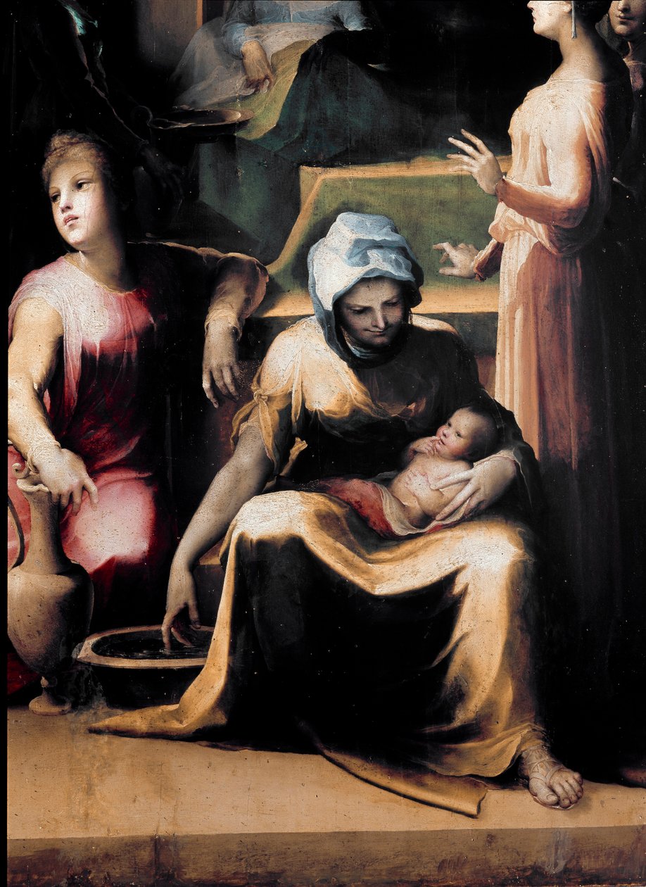 A Szűz születése. Részlet, amelyen egy szobalány látható az új ruhával. Domenico Beccafumi (1486-1551) festménye, 1540-1543 körül. faipari. Mérete: 233x145 cm. Olaszország, Siena, Nemzeti Pinacotheque (Siena, Pinacoteca Nazionale) alkotó: Domenico Beccafumi