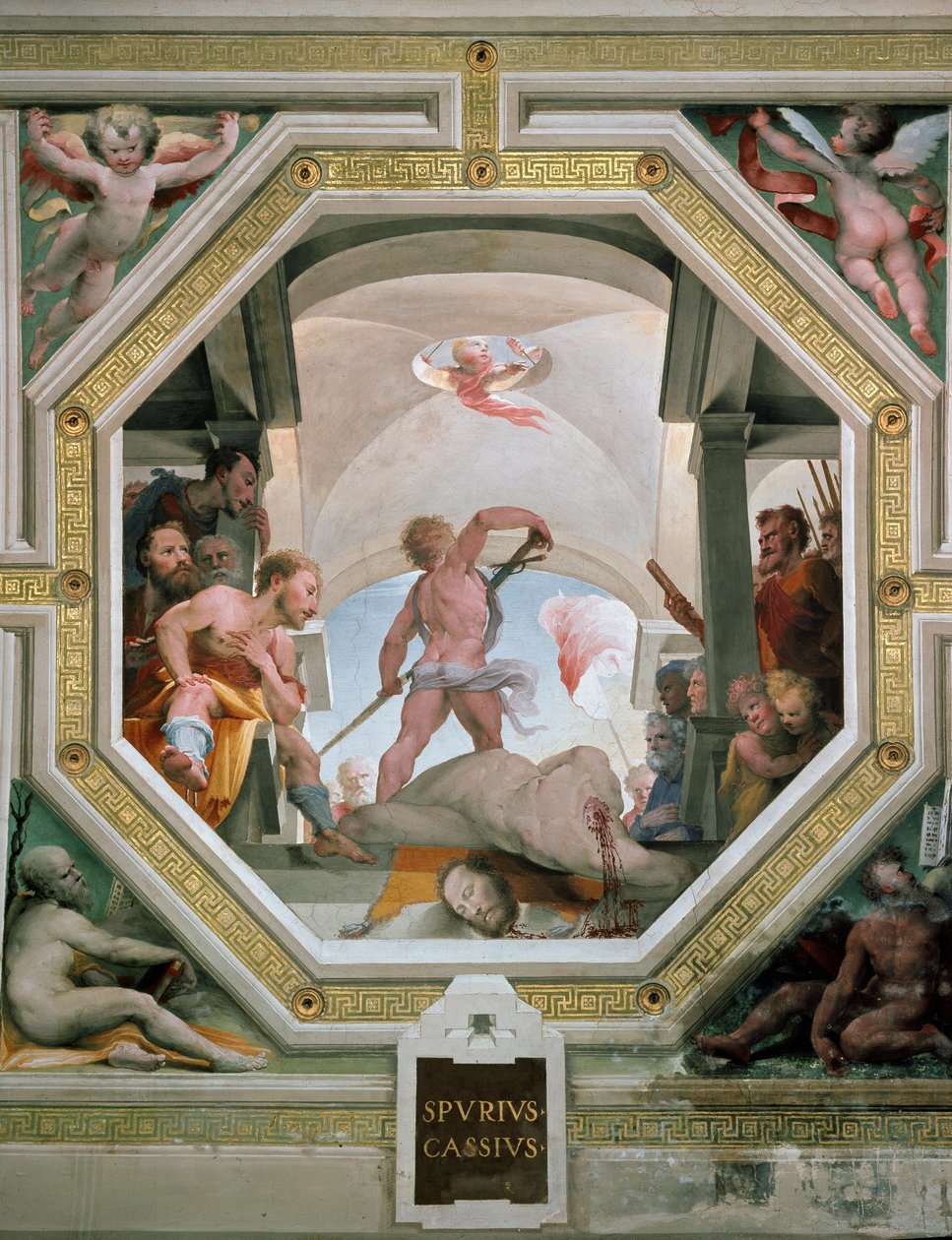 Spurius Cassius Vecellinus vagy Viscellinus lefejezése, akit apja kivégeztetett, mert fontolgatta, hogy király lesz Kr. e. 485-ben Freskó Domenico di Giacomo di Pace dit Beccafumi (1486-1551) 1529-1535 Siena (Siena), Palazzo pubblico alkotó: Domenico Beccafumi