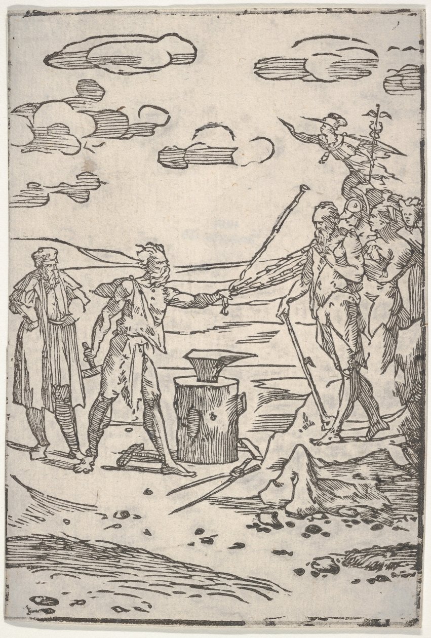 Az üllő mellett álló hamisító, aki láncban húzza az embert, a The var... sorozatból, kb. 1540-1550. alkotó: Domenico di Pace Beccafumi  