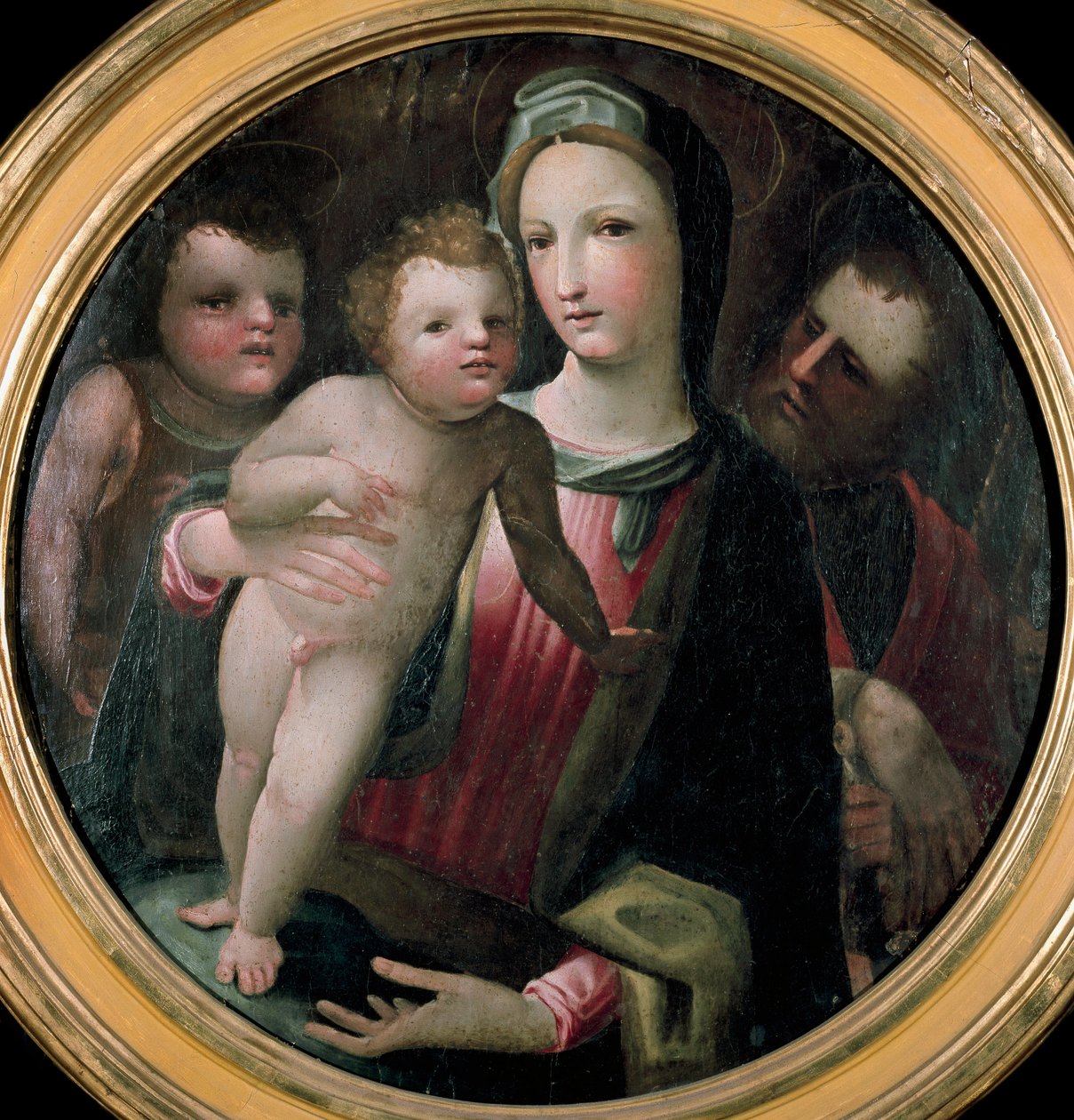 A Szent Család Tondója Keresztelő Szent János gyermekével. Domenico Beccafuminak (1486-1551) tulajdonított festmény. Faipari. Átmérő: 60 cm. Siena, Collezione Chigi-Saracini alkotó: Domenico Beccafumi