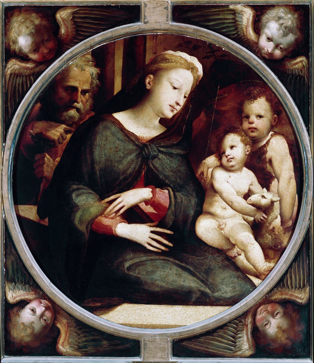 Tondo körülveszi az angyalokat a Szent Családdal Keresztelő Szent János gyermekével. Domenico Beccafumi (1486-1551) festménye, 1521-1522 körül. faipari. Átmérője: 88 cm. Olaszország, Firenze, Pitti-palota, Palatinus Galéria. Firenze, Palazzo Pitti, Galleri alkotó: Domenico Beccafumi