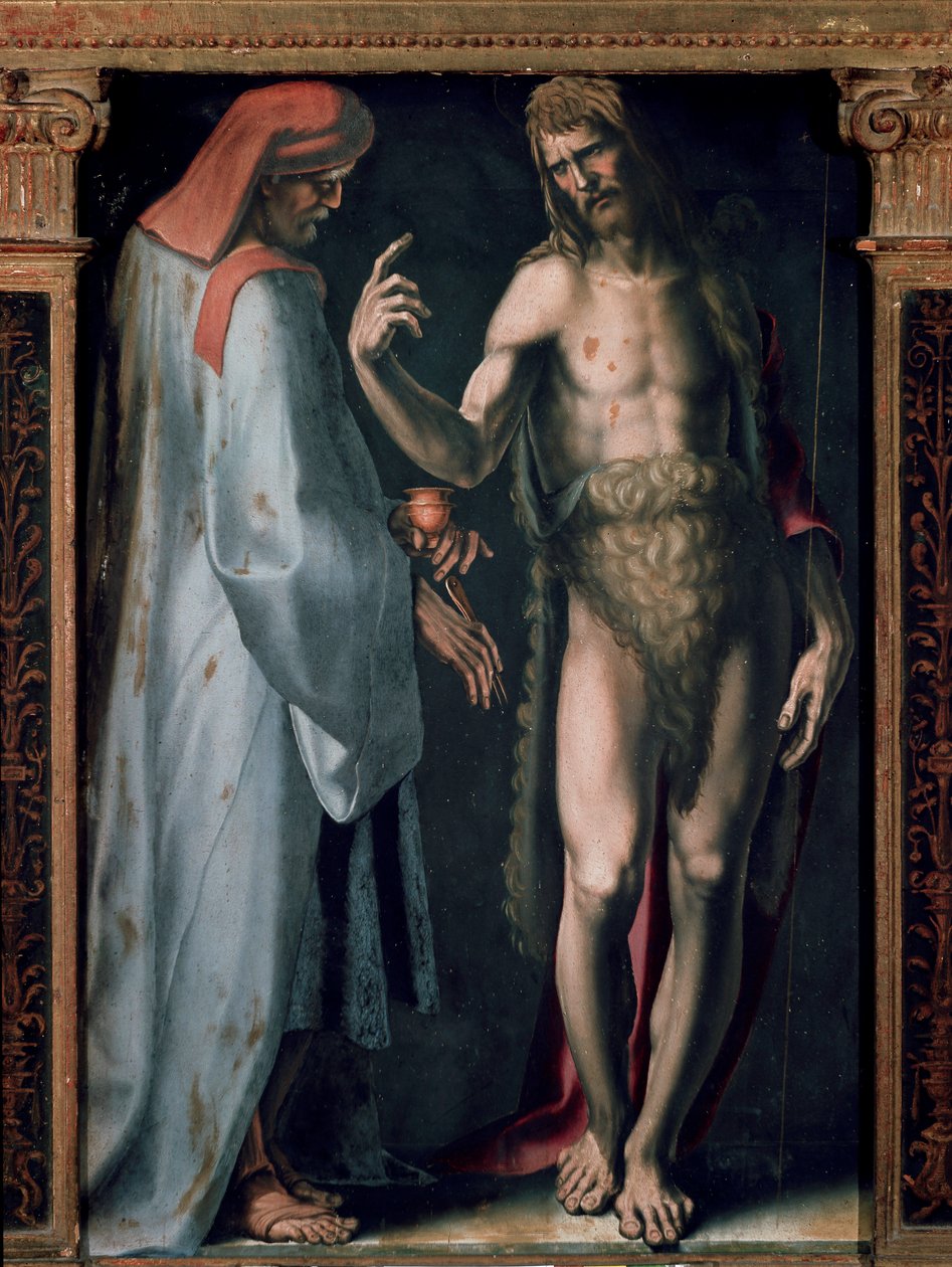 A Szentháromság triptichonja, Részlet bal oldali panel: Szent Kozimo (Gyere vagy Cosimo) és Keresztelő Szent János. Domenico Beccafumi (1486-1551) festménye alkotó: Domenico Beccafumi