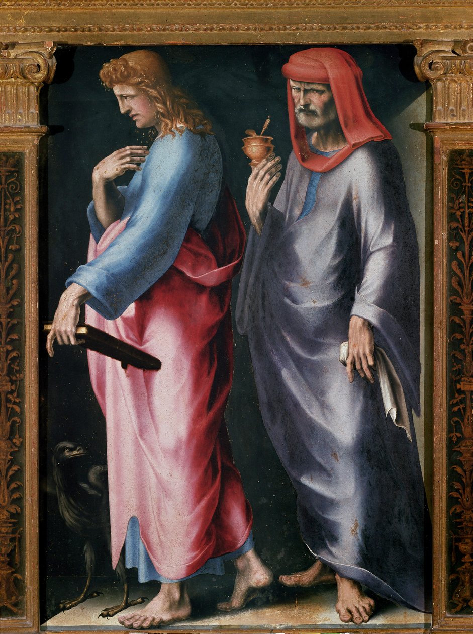 A Szentháromság triptichonja, Részlet jobb oldali panel (Szent János evangélista és Szent Damien). Domenico Beccafumi (1486-1551) festménye alkotó: Domenico Beccafumi