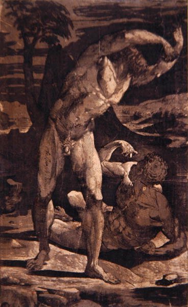 Két férfi akt egy tájban, 1540-80 körül (metszet és fatömb) alkotó: Domenico Beccafumi