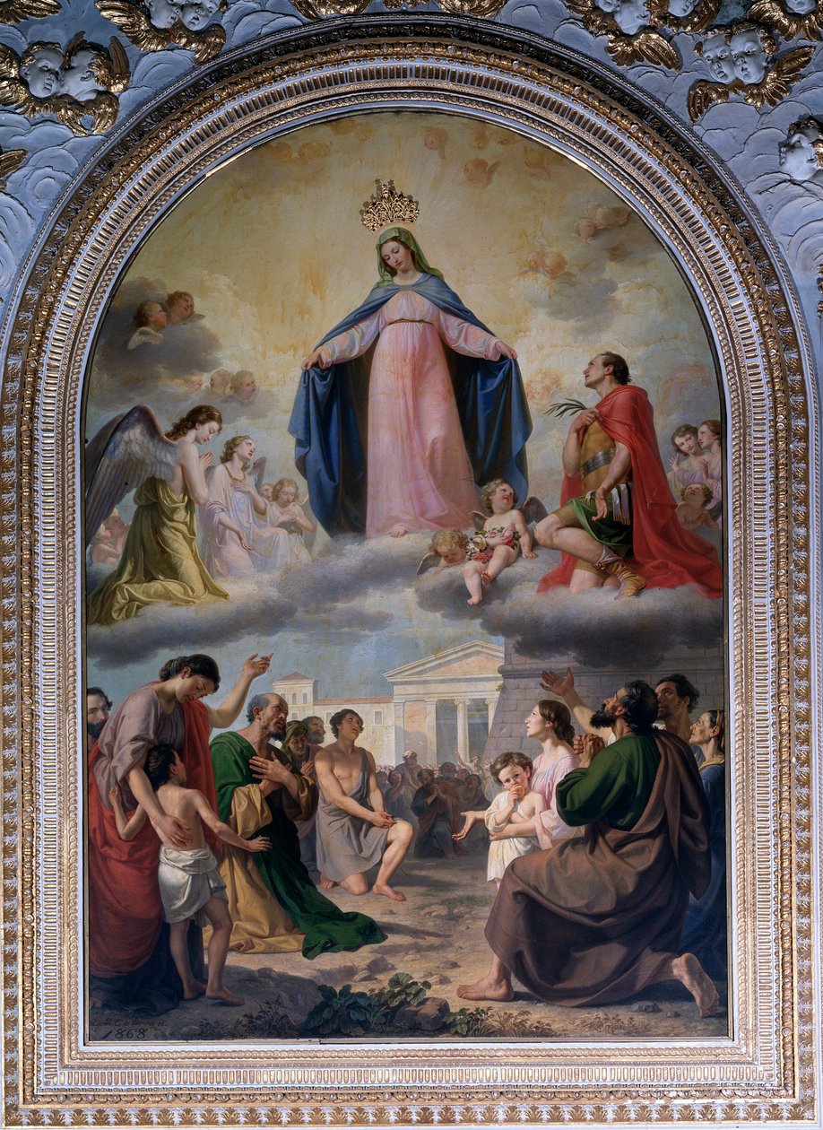 Raccomandati Szűzanya. A Szűz (emelt koronával) A bajba jutott lakosság védelme (olaj, vászon alkotó: Domenico Caldara
