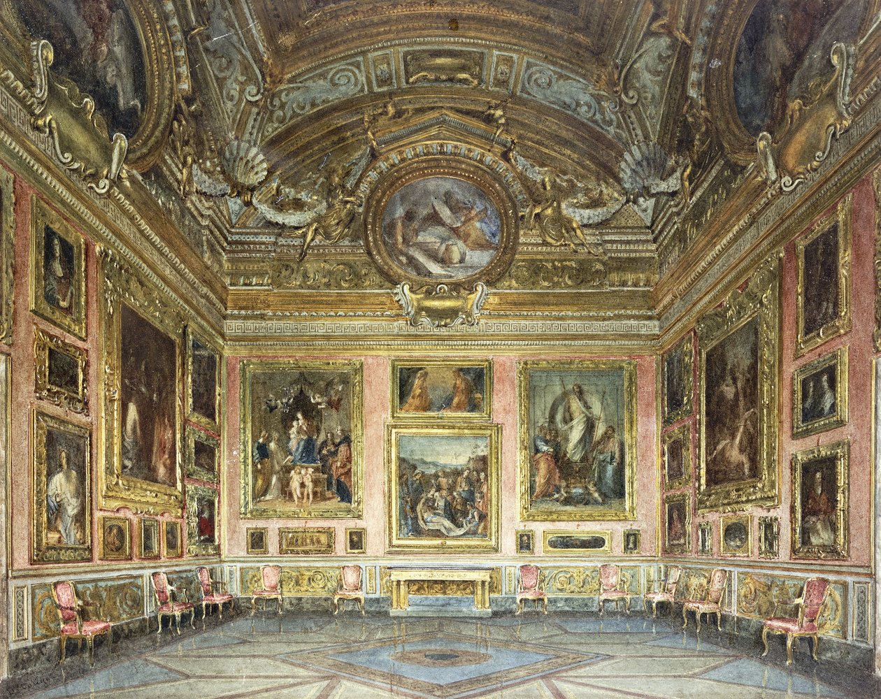 A Palazzo Pitti belső terei, Firenze: A Sala di Saturno Perugino "Lamentációjával" Fra Bartolommeo és Raphael festményeivel, 1871 alkotó: Domenico Caligo