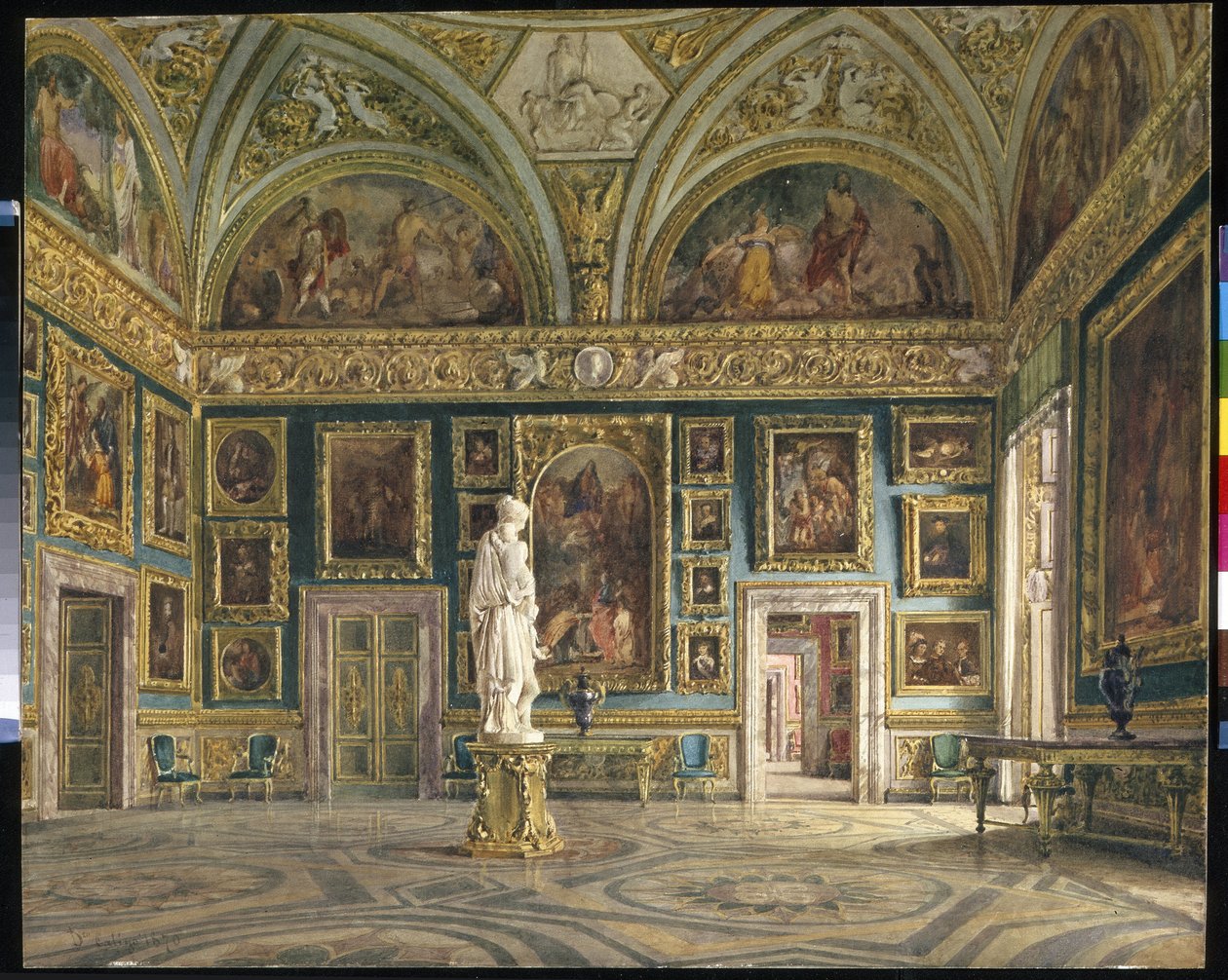 A firenzei Pitti-palota Iliász csarnoka (Palatine Gallery) (Olaszország) (The Hall of the Ilias at the Pitti Palace in Firenze). Domenico Caligo (?-1880) festménye, olaj, vászon. Olasz művészet, 19. század második fele, neoklasszicizmus. Állítsa be Ő alkotó: Domenico Caligo
