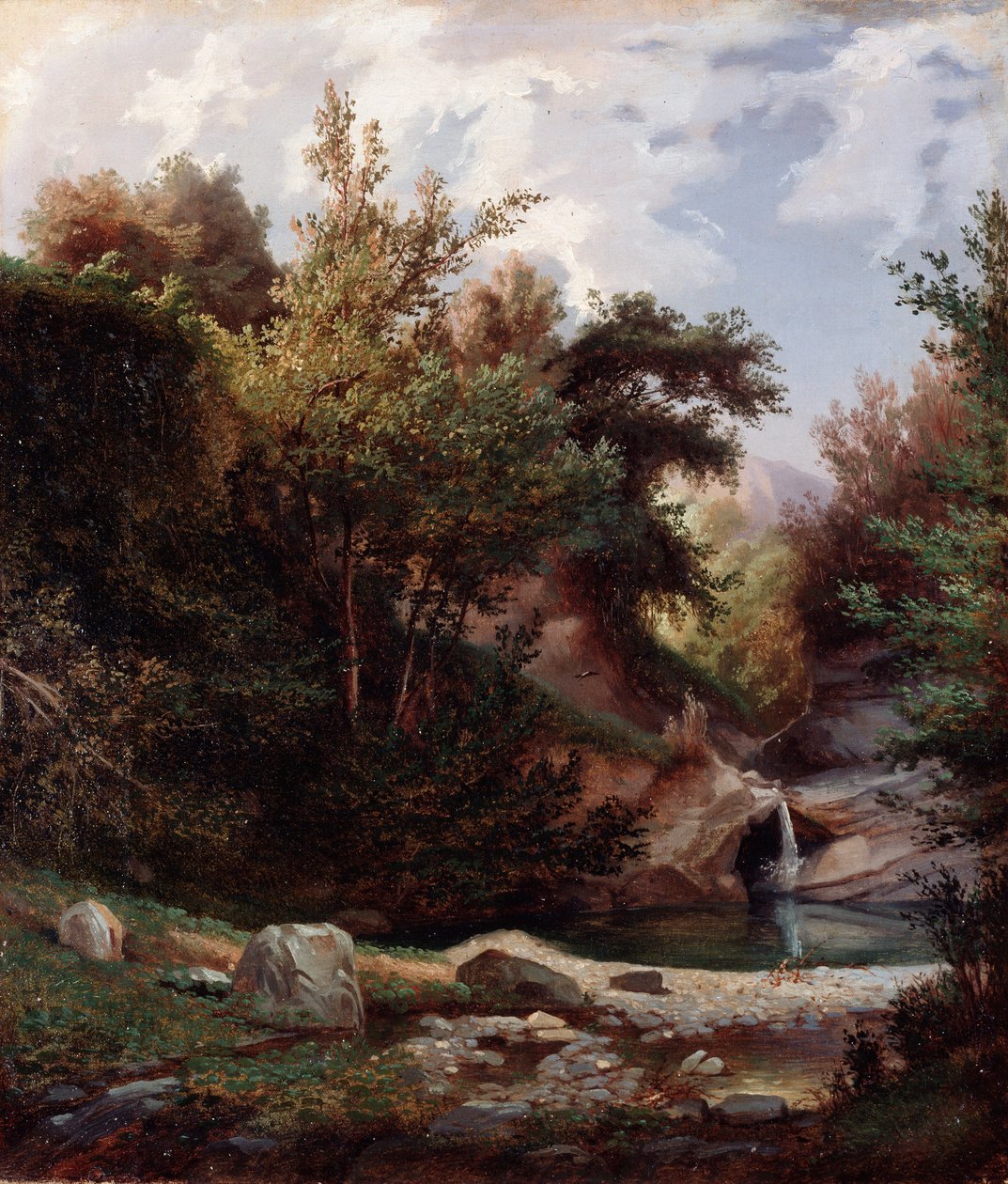 Természeti táj, aljnövényzet és patak vízeséssel Domenico Cambiaso (1811-1894) festménye 1865 körül. Méret: 43,5x37 cm Gének, Galleria d