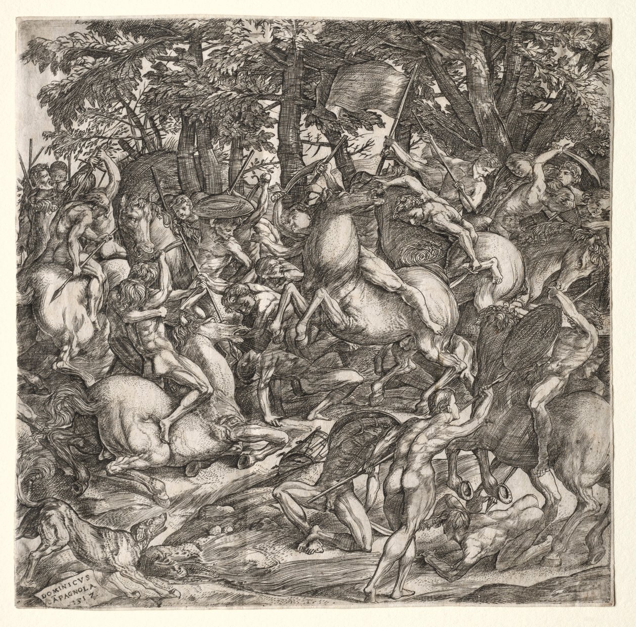 Meztelen férfiak csatája, 1517. alkotó: Domenico Campagnola