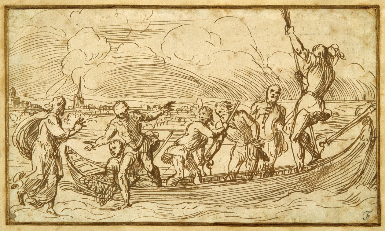 Krisztus és Szent Péter a vízen sétál (toll és barna tinta papíron) alkotó: Domenico Campagnola