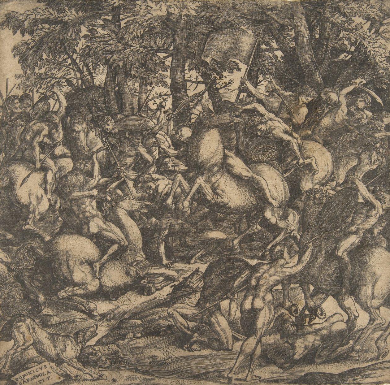 Meztelen férfiak csoportja harcban egy erdős tájon, néhányan lóháton, egy kutya a lovardában, 1517. alkotó: Domenico Campagnola