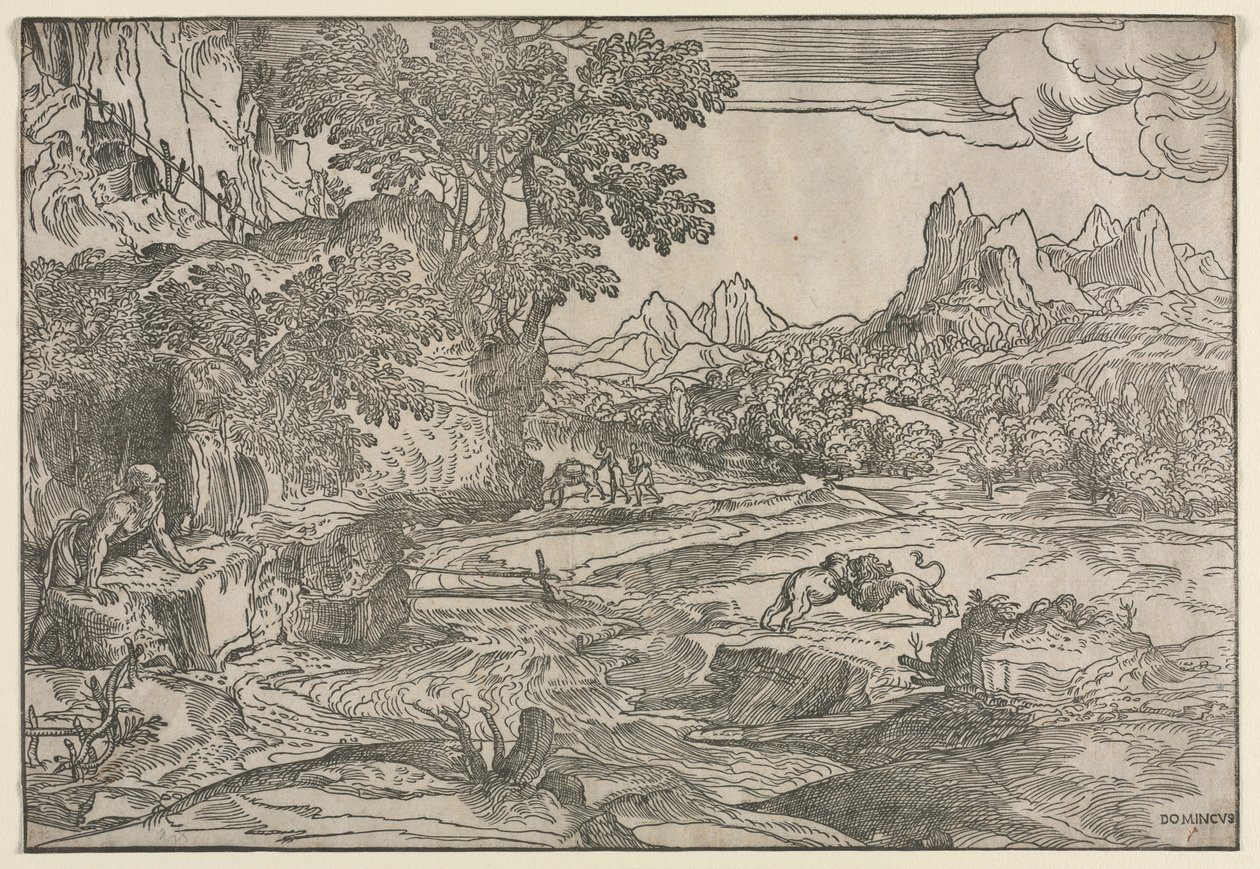 Táj Szent Jeromossal és két oroszlánnal, c. 1530-35. alkotó: Domenico Campagnola