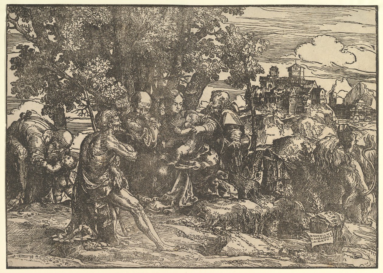 Mária a fák alatt ül kisbabával, mellette balról József és jobbról Szent Jeromos, St..., 1517. alkotó: Domenico Campagnola