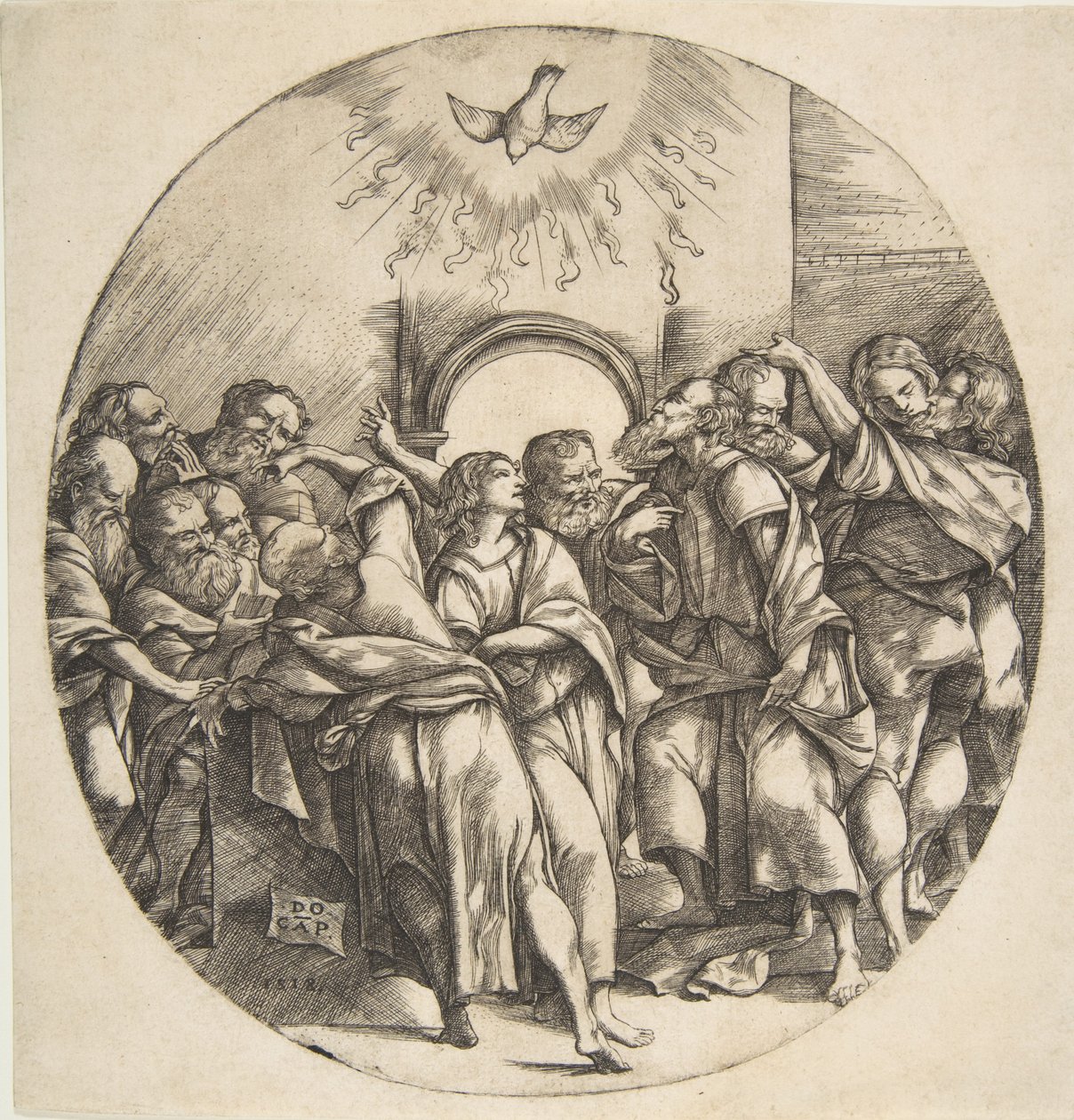 A Szentlélek, mint egy madár, amely kitárt szárnyakkal száll alá középen, a tizenkét apostol..., 1518. alkotó: Domenico Campagnola