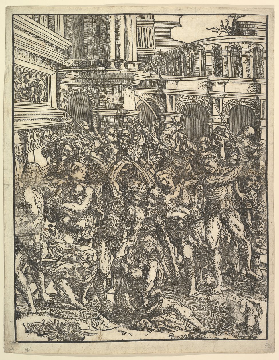 Az ártatlanok mészárlása, jobb oldali férfialakokkal, akik nőket és ..., 1517. alkotó: Domenico Campagnola
