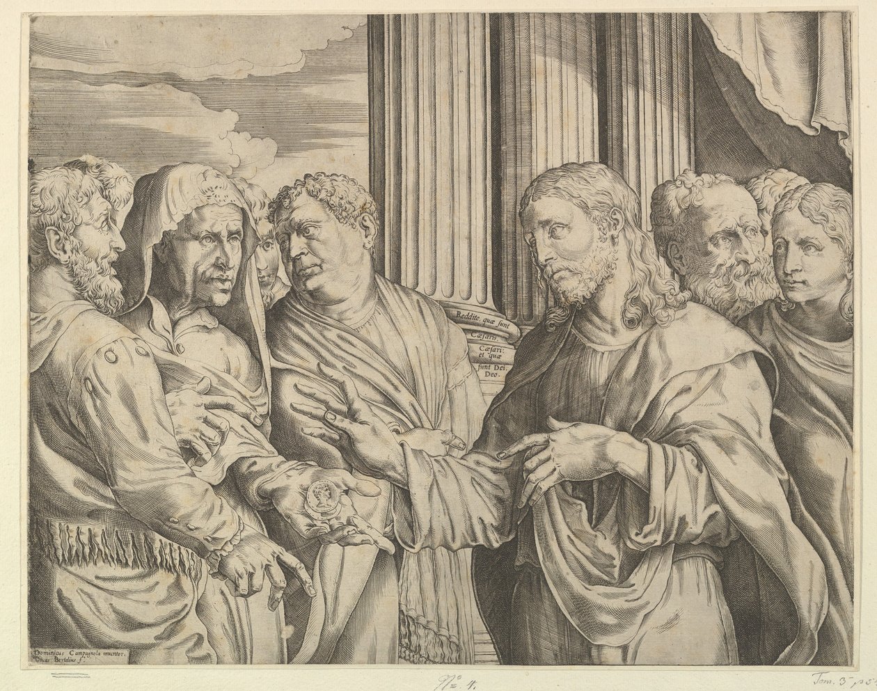 The Tribute Money: Krisztus a jobb oldalon középen, érmékkel int az embernek a bal oldalán..., kb. 1564-89. alkotó: Domenico Campagnola